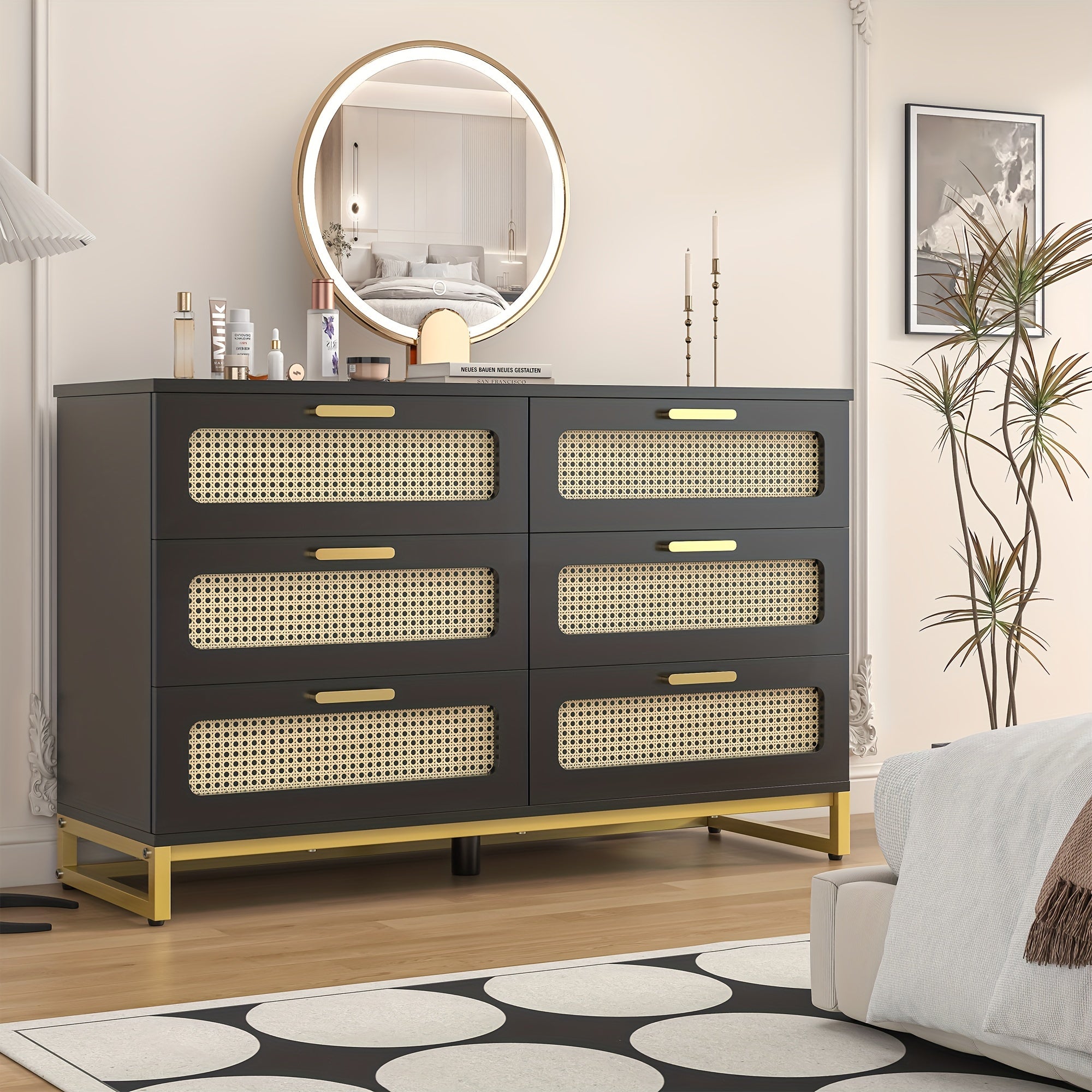 Rattan Dresser 6 Drawer Dresser for Bedroom - Black + Golden - Dresser Westberry Furniture