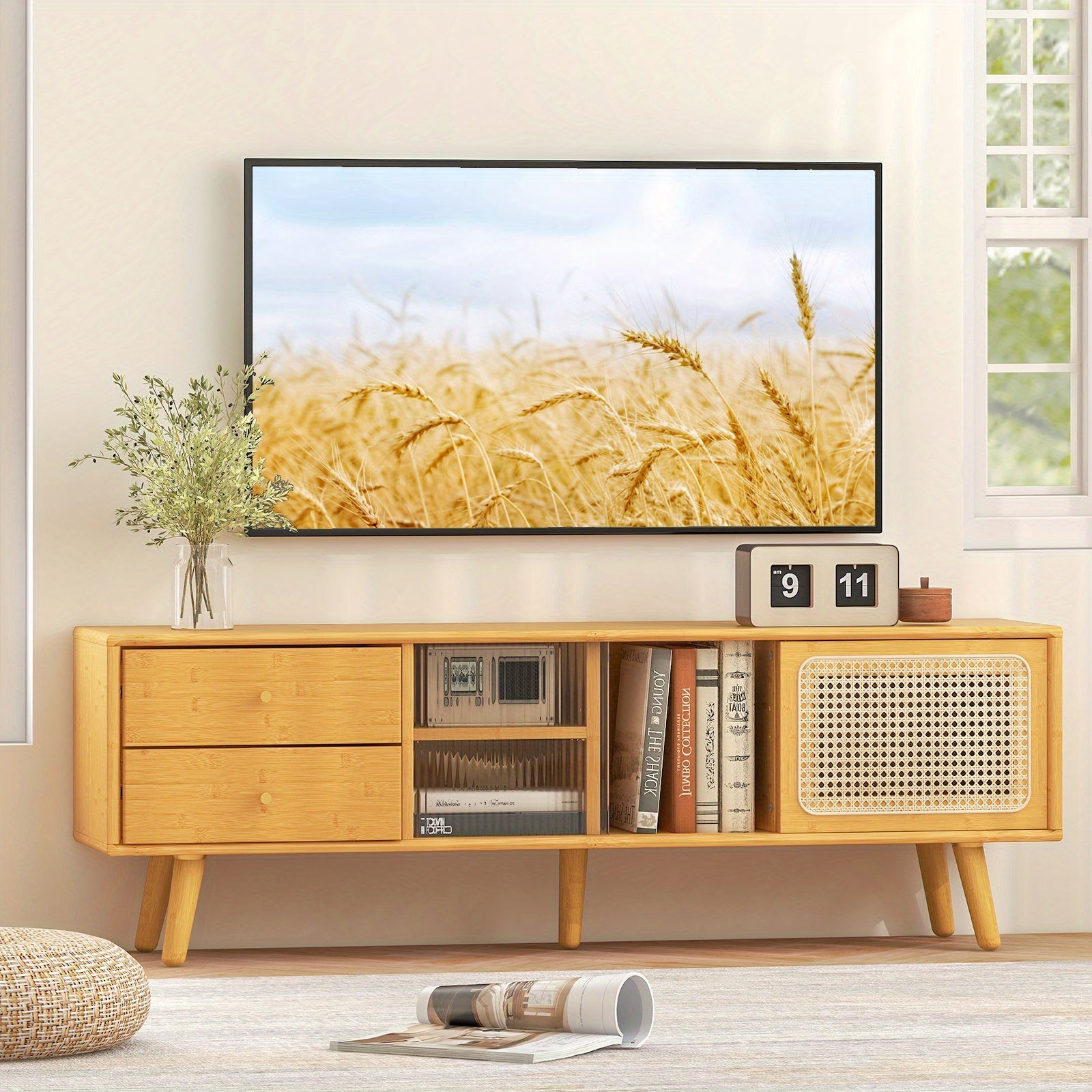 Bamboo TV Stand Console Table w/ PE Rattan Door & 2 Drawers for TV up to 165cm - Natural Bamboo Color - TV Stand
