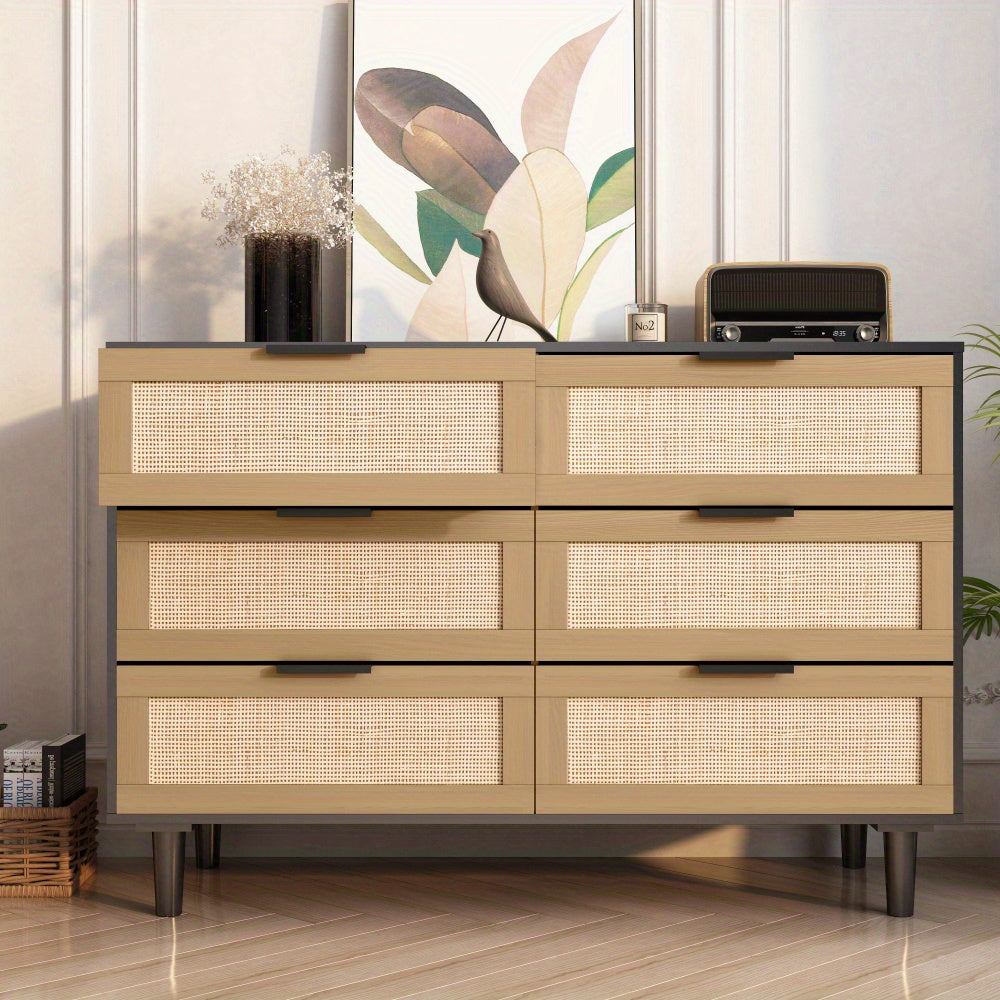 Black Storage Chest Dresser 6 Drawer Rattan Rattan Drawers Bedroom Living Room - Black - Dresser Westberry Furniture