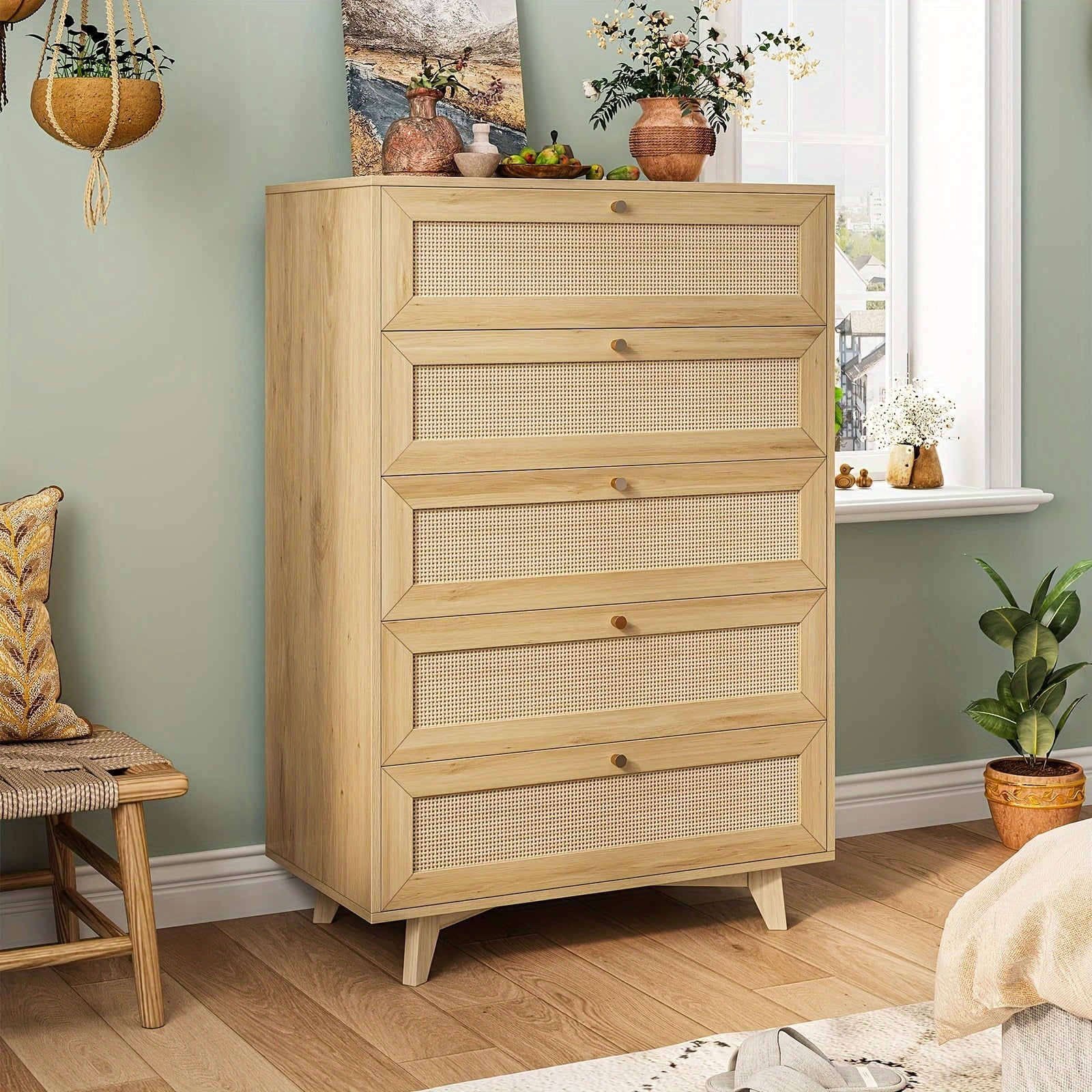 5 Drawer Dresser Modern Rattan Chest Of Drawers With Metal Handle Nature/Black - Dresser Westberry Furniture