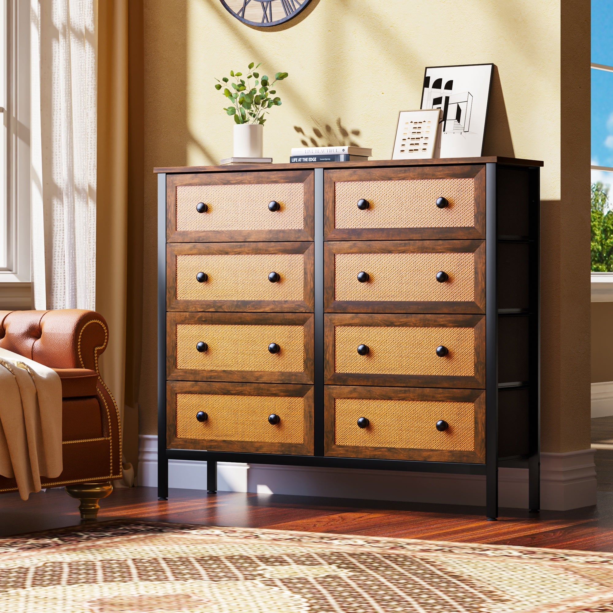 Chest of Drawers Rattan Woven Dresser with 8- Drawer Bedroom Storage Organizer - Brown - Dresser Westberry Furniture