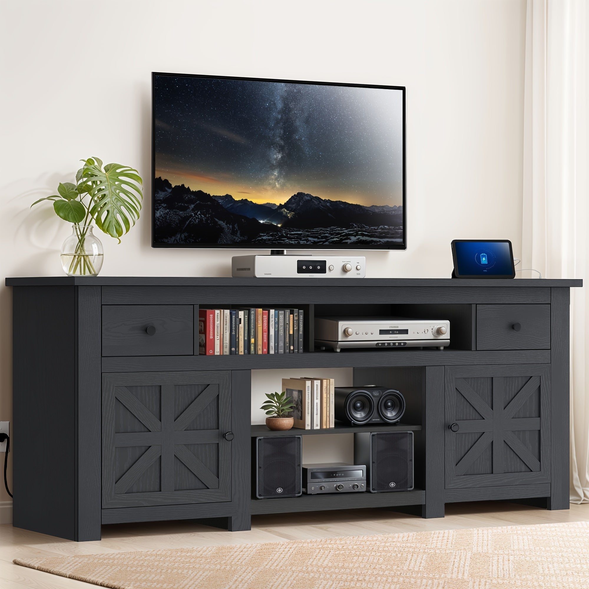 Modern Farmhouse TV Console with Storage Cabinets and Drawers for 80- Inch TVs - Black - TV Stand Westberry Furniture