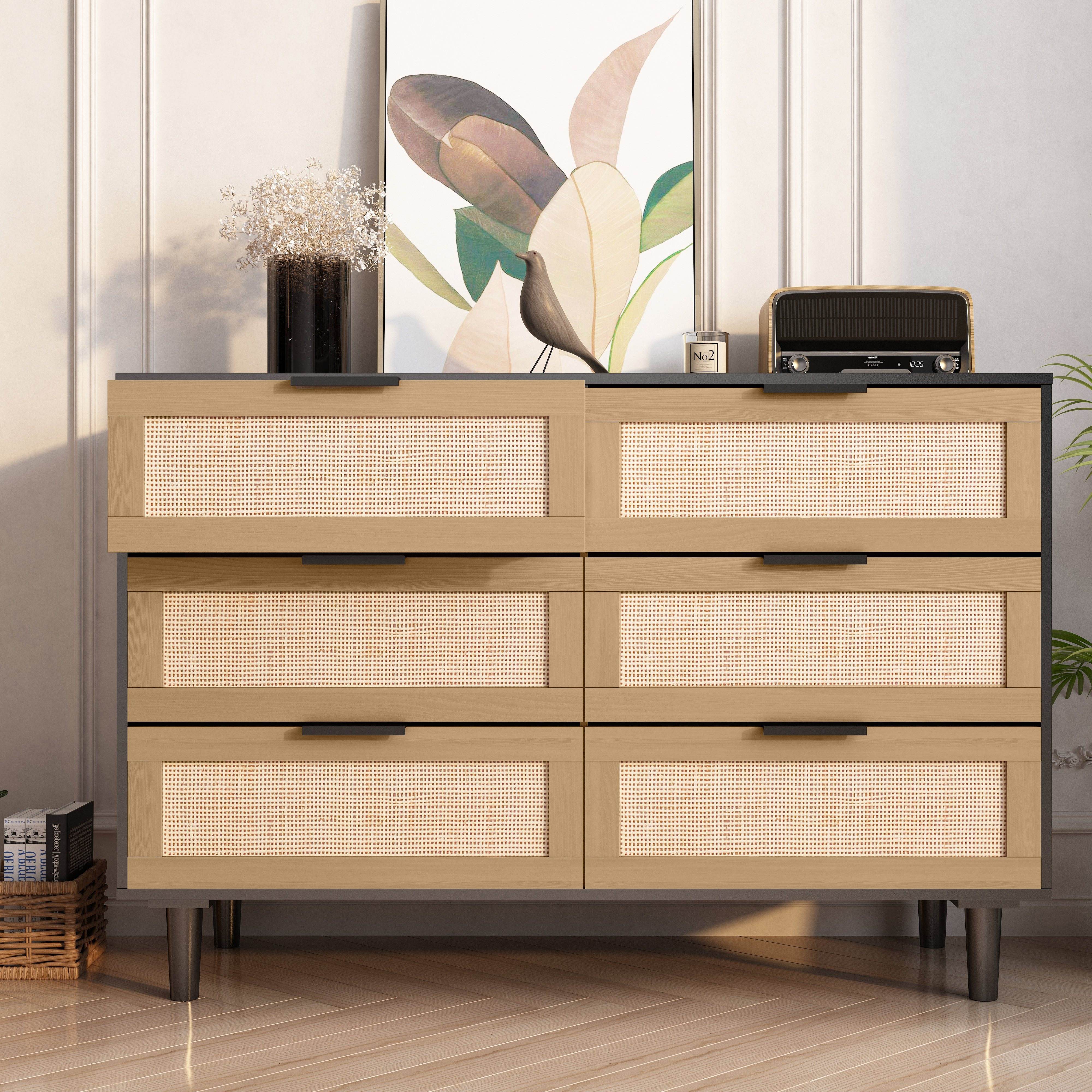6 Drawers Rattan Dresser Rattan Drawer Bedroom Living Room (Black) - Black - Dresser Westberry Furniture