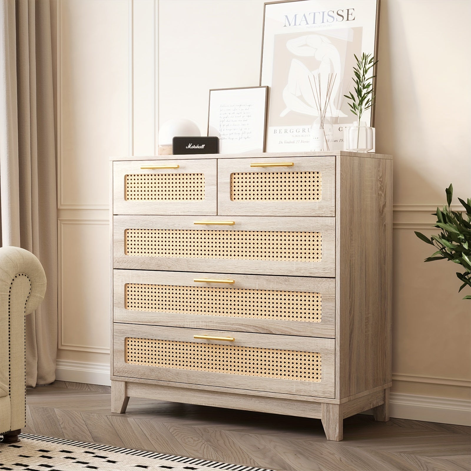 90cm Rattan Storage Sideboard Cabinet With 5 Drawers - Oak Color - Dresser Westberry Furniture