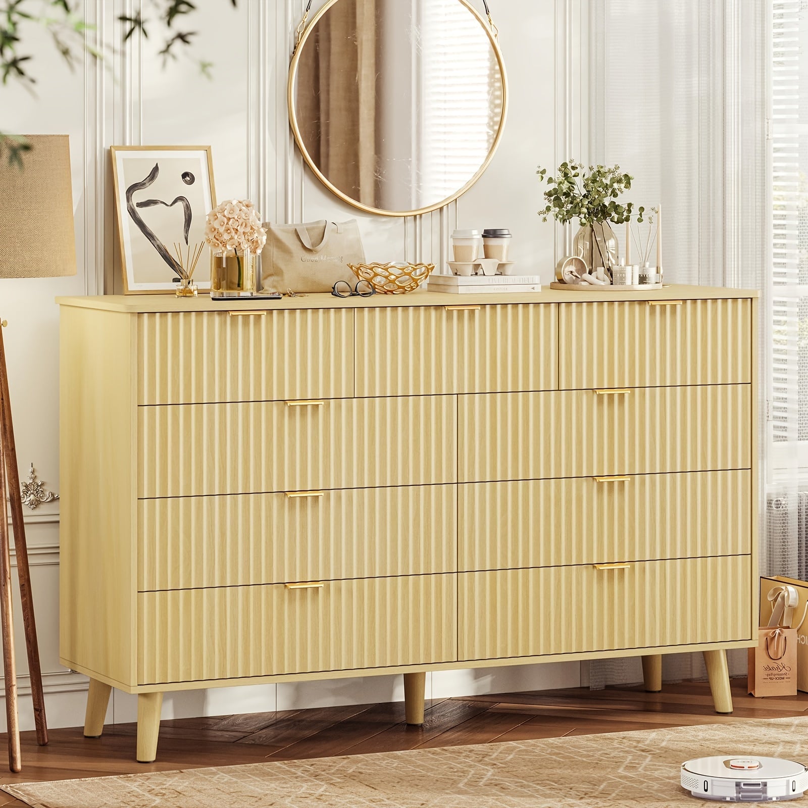 Fluted 9 Drawers Dresser Waveform Fluted Panel Cabinet Black/ Oak - Dresser Westberry Furniture