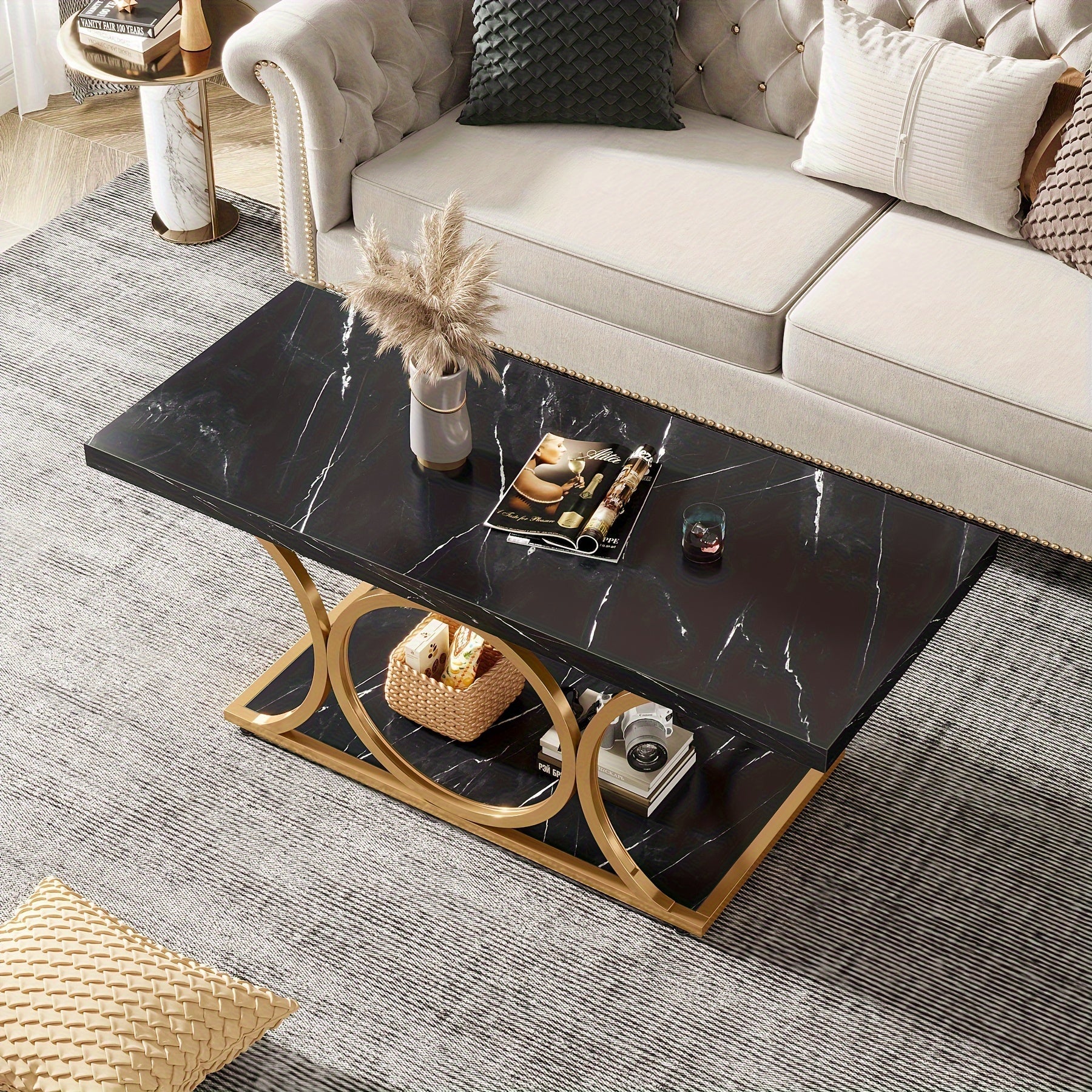 47 Inch Rectangle Coffee Table, 2-Tier Modern Faux Marble Wood Table With Geometric Metal Legs, Living Room Furniture With Storage Shelf