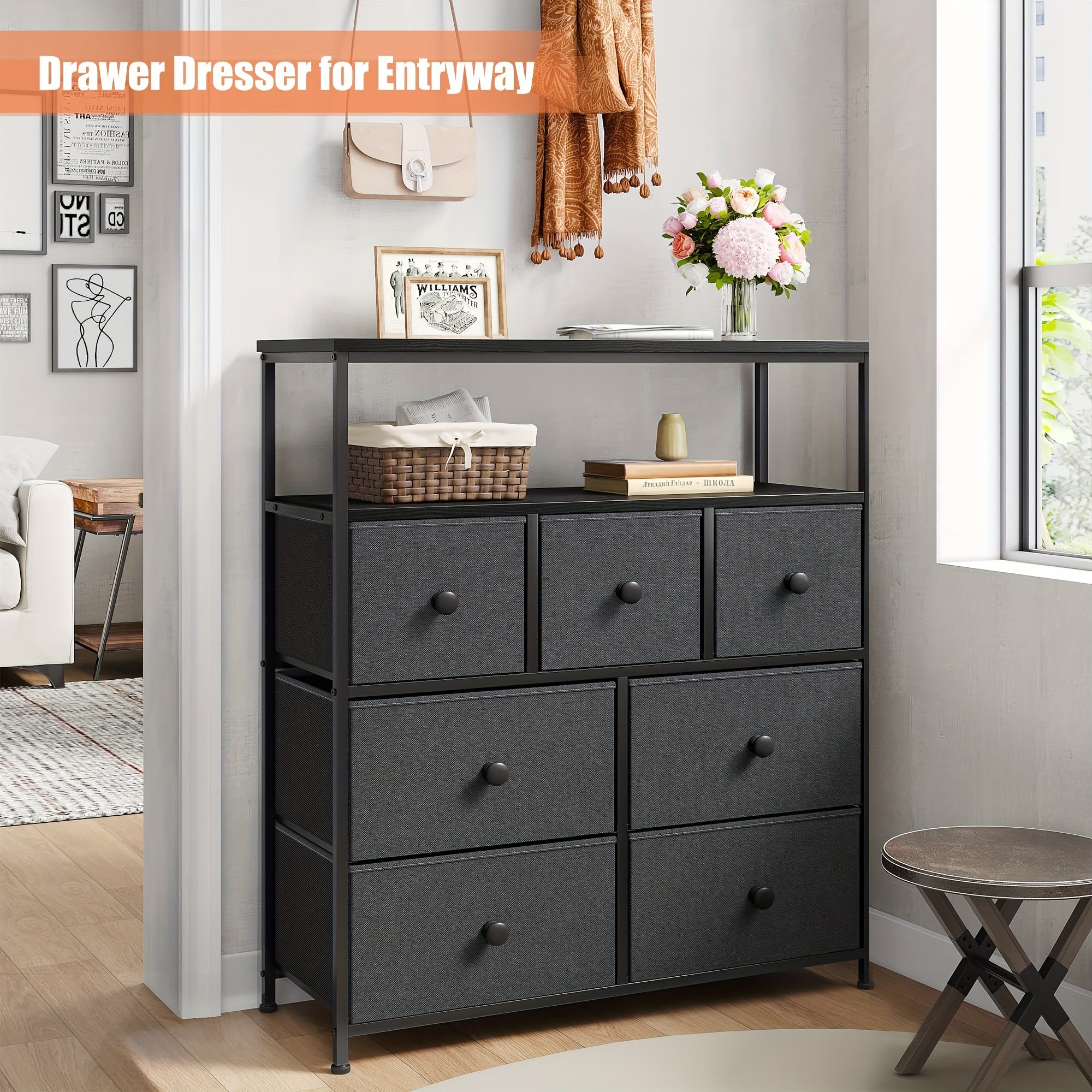 1pc Modern 7-Drawer Dresser with Metal Frame Multi-Use Storage Organizer for Bedroom Office and Living Room Versatile