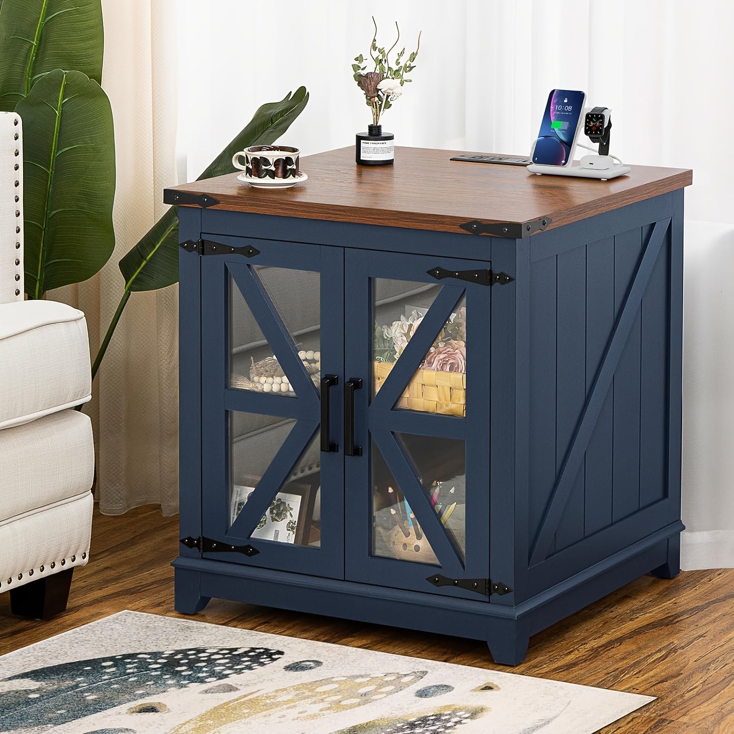 Farmhouse End Table, 24" Large Sofa Side Table With Charging Station Glass Barn Door, Wood Nightstand With Adjustable Storage Shelf, Square Bedside Table For Living Room, Bedroom, Office-Blue