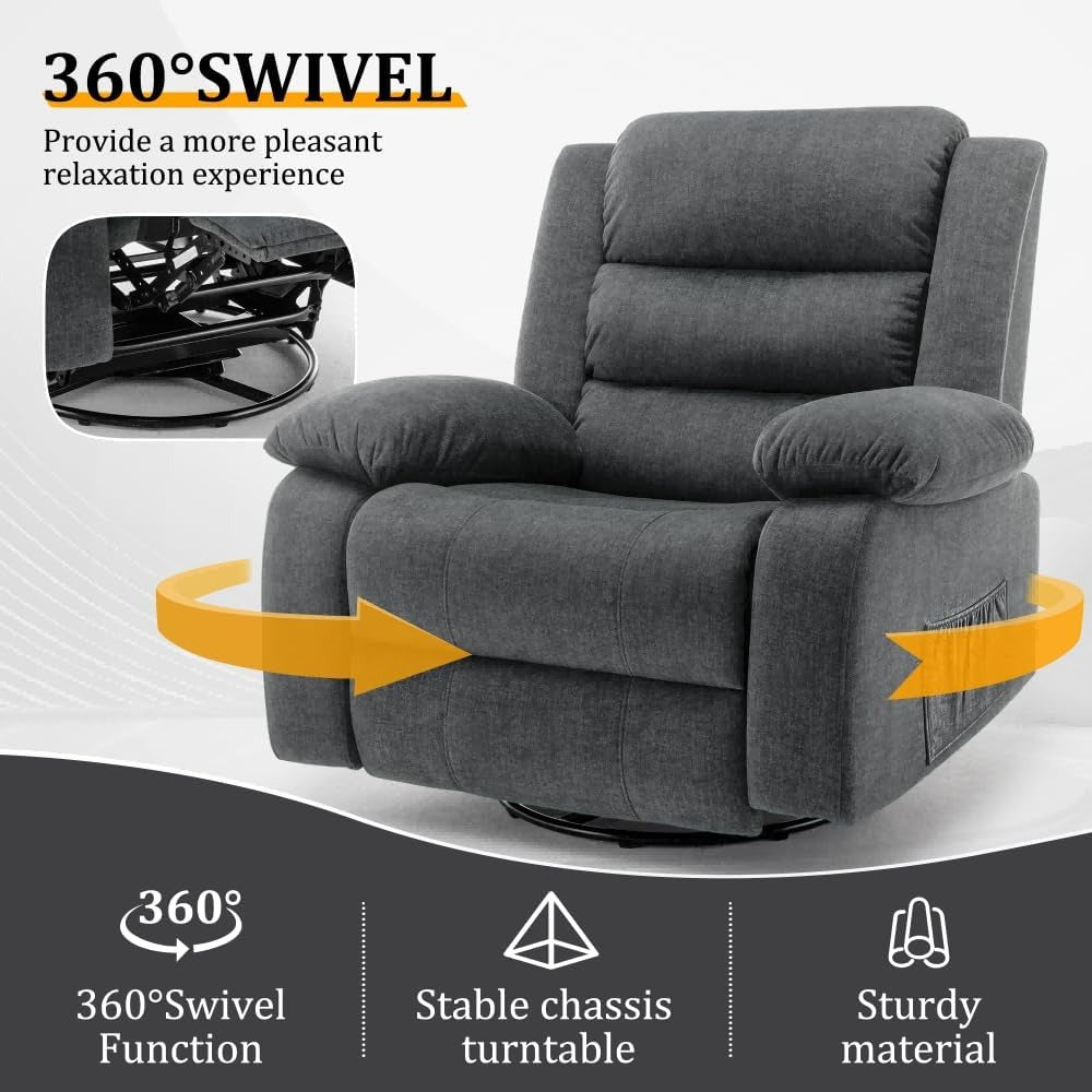 Plush Grey Recliner Chair with Massage & Heat - 360° Swivel, Wide Rocker, Oversized Fleece Sofa for Adults, Solid Back, Easy Clean - Ideal for Living Room Comfort, Reclining Chair