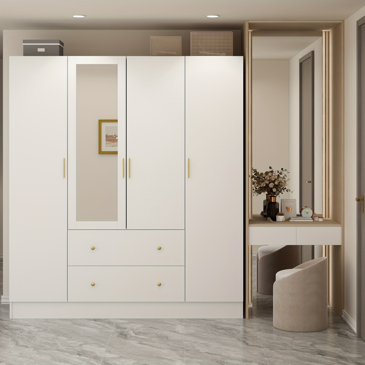 Large Wardrobe with Mirrors, 4-Layer Shelves, 2 Drawers, 2 Hangers and 4 Cabinet Doors, Modern Bedroom Storage Cabinet, A Stylish Practical Solution for Your Bedroom, White