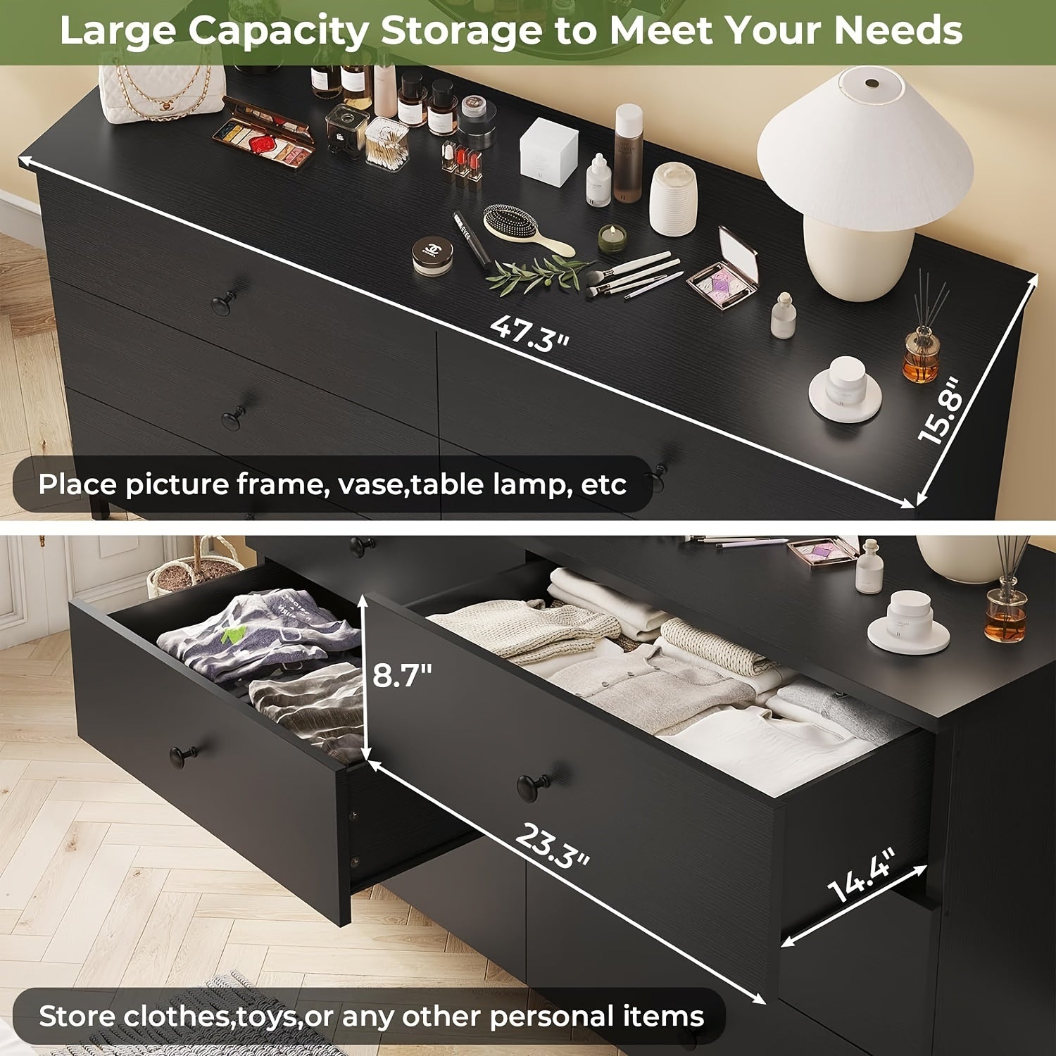 6 Drawers Dresser With Steel Frame Modern Chest Of Drawers For Bedroom Living Room Black - 15.8’’D x 47.3’’W x 31.3’’H
