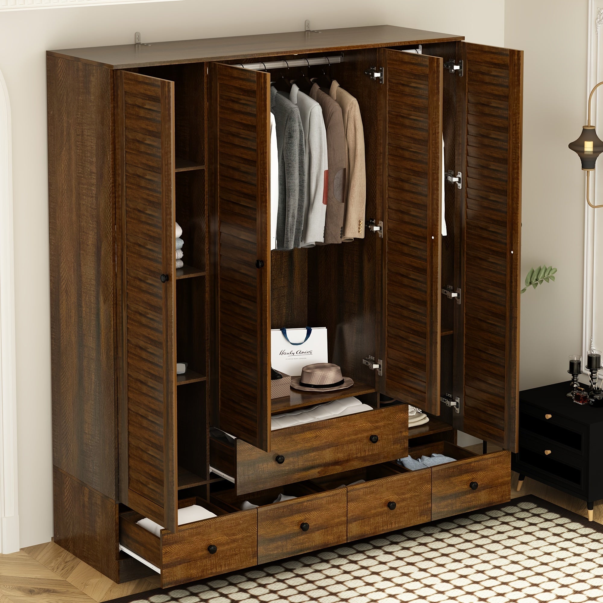 Large Wardrobe Closet With Four Drawers, Hanging Rod Area, 5 Folding Storage Areas, Reasonable Space Allocation, Modern Design Wooden Wardrobe, Bedroom Wardrobe (70.5" X 59.1" X 19.1")