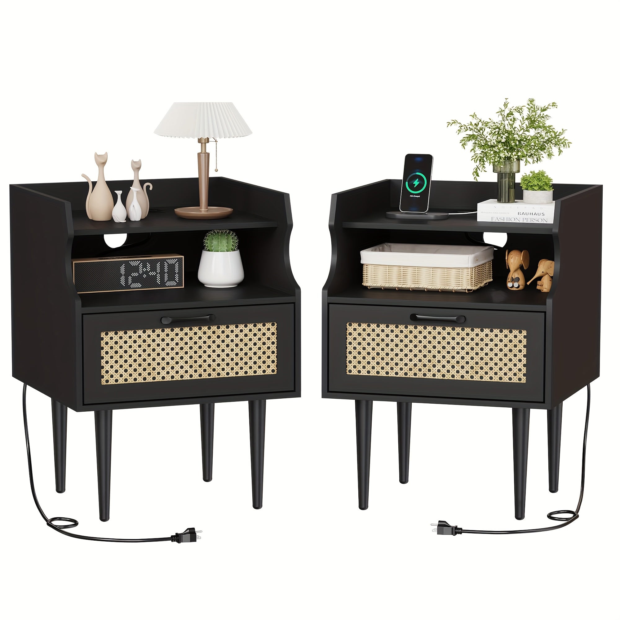 Rattan Nightstand Set Of 2, Bedside Table With Charging Station, Modern Night Stand, Wood Side Table, Mid Century Small End Table With Drawer For Bedroom