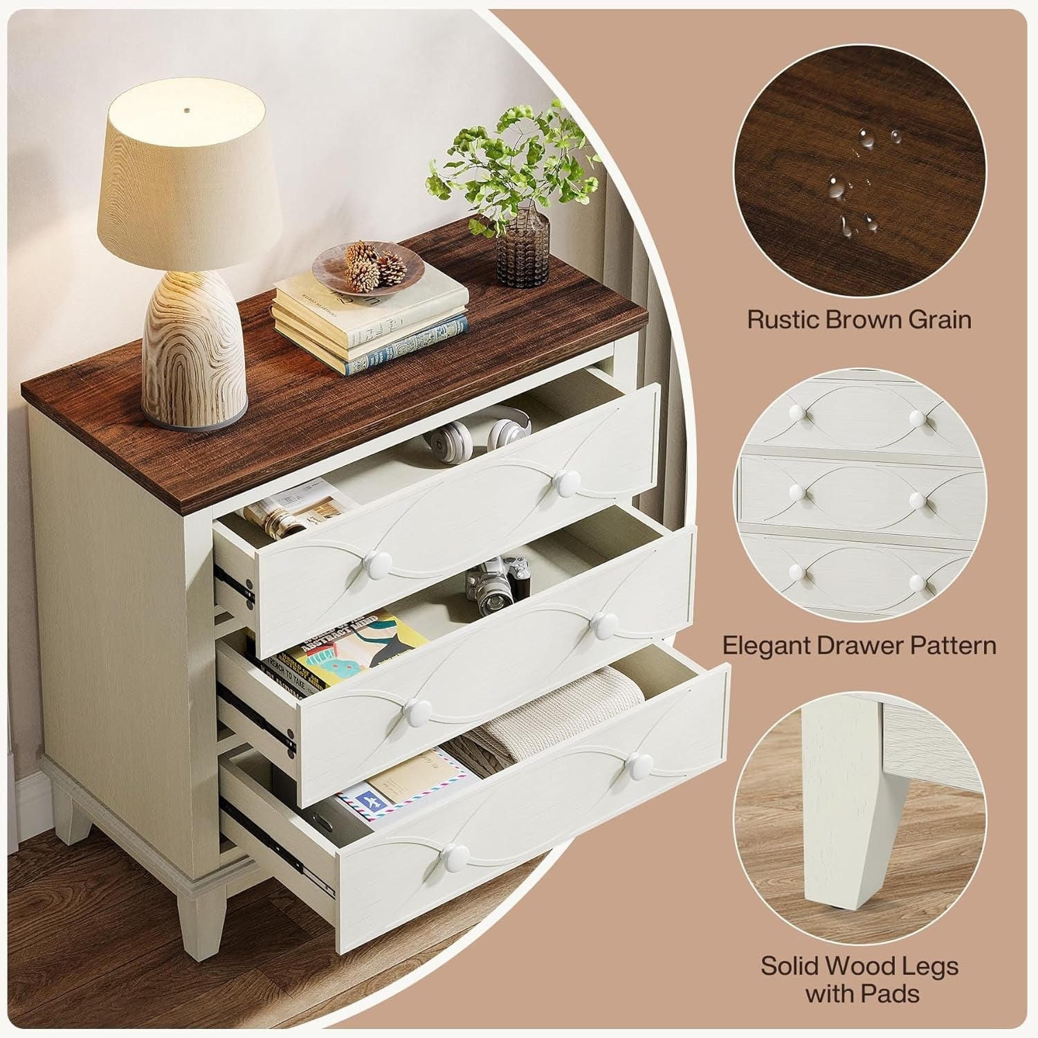 1pc Contemporary Wooden Storage Cabinet] Contemporary Wooden Jewelry Storage Cabinet, 3-Drawer Farmhouse Nightstand, Multipurpose Bedside Table, Floor Mount, Rectangle Shape, with No Electricity Needed for Living Roo