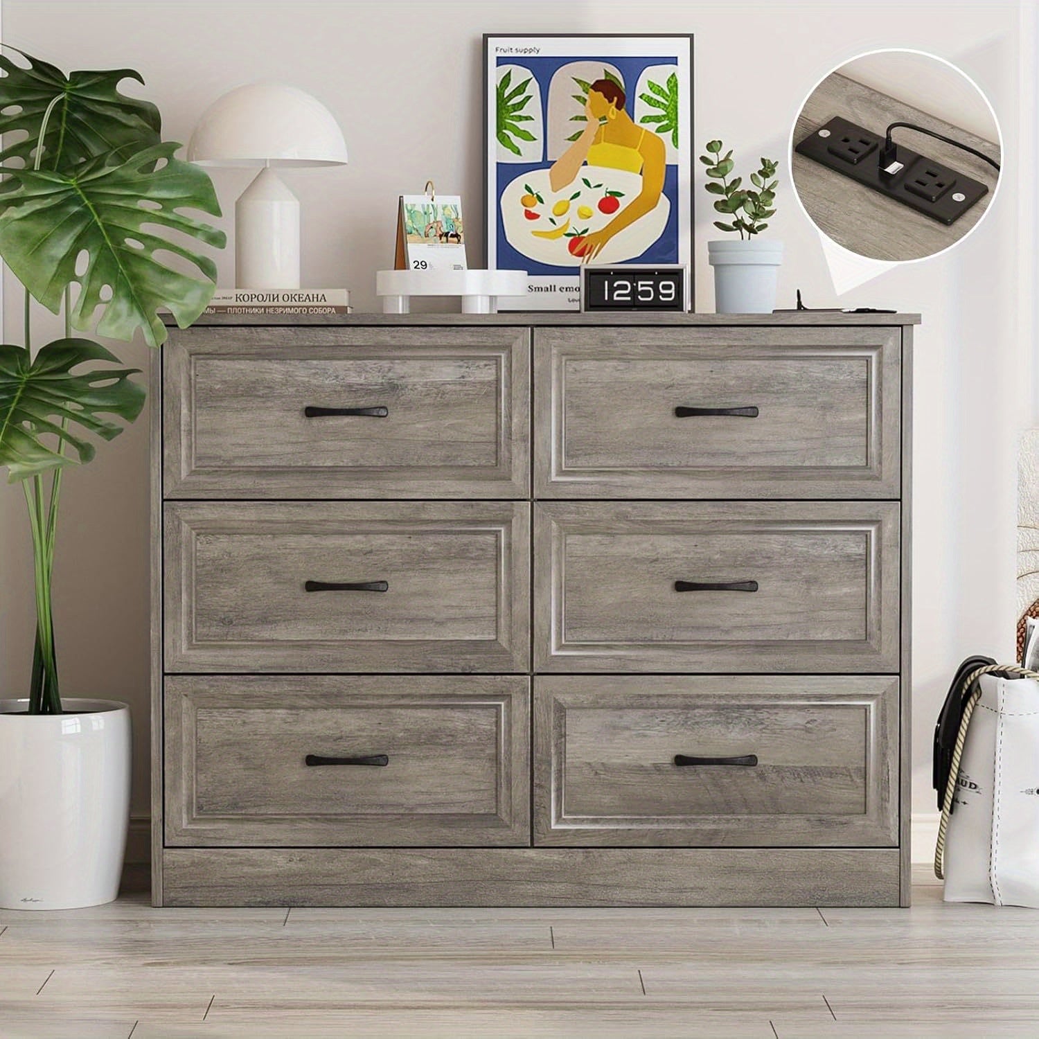 Spacious 6-Drawer Dresser with Charging Station - Wide Vanity Organizer for Bedroom & Hallway, Wooden with Metal Handles, Ash Grey