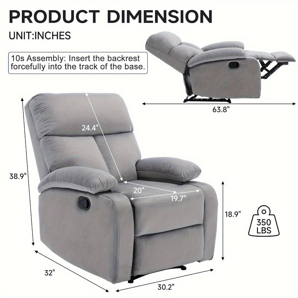 Manual Recliner Chair for Adults, Small Recliners for Small Spaces, Lazy boy Recliner Sofa Velvet Reclining Chairs for Living Room, RV, Bedroom, Gray