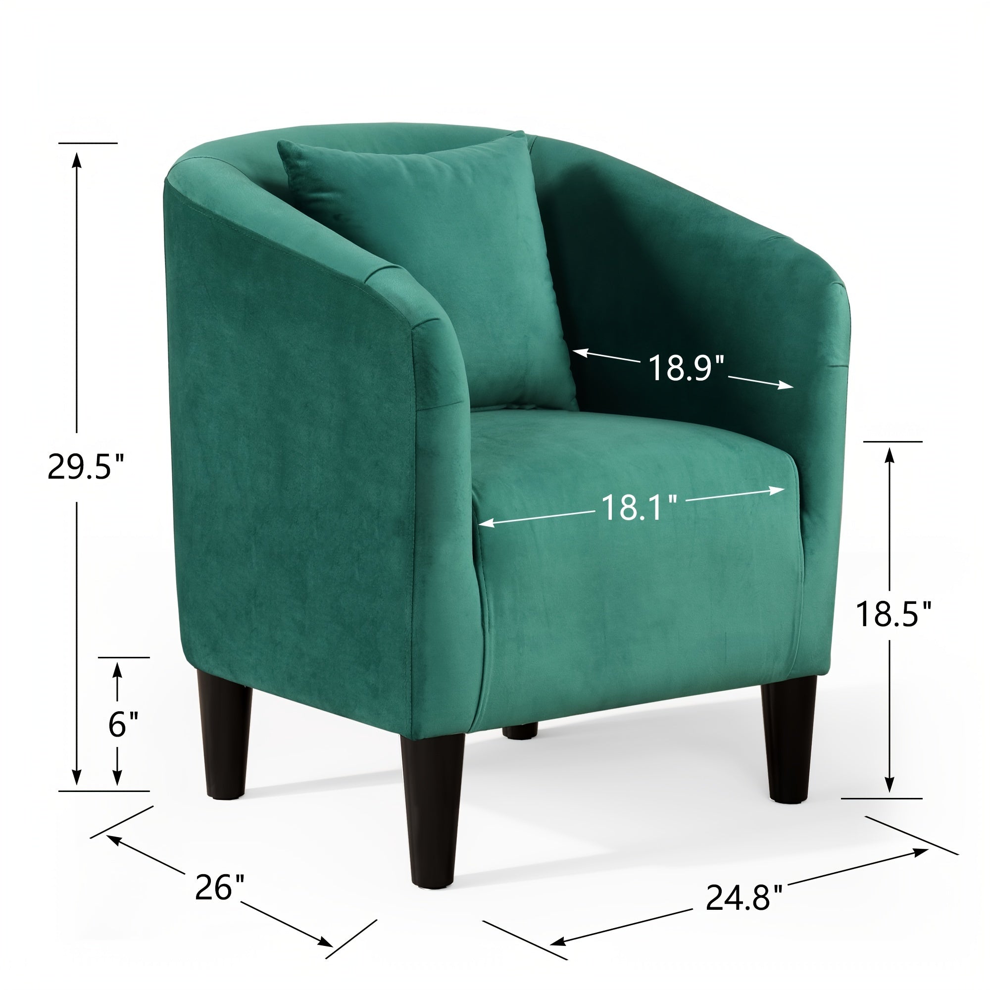 Green Velvet Barrel Chair with Pillow - Comfy Armchair with Wood Legs, Ideal for Living Room and Bedroom, Accent Chair