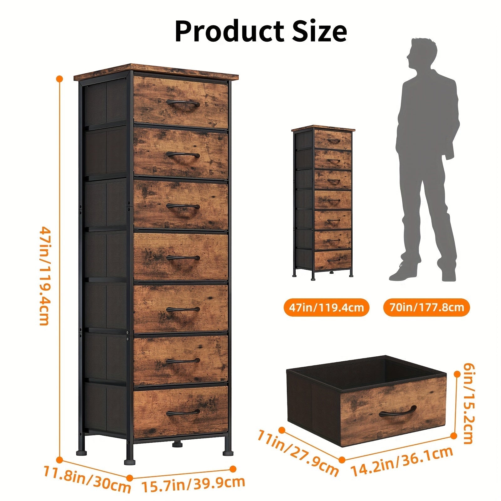 Tall Dresser For Bedroom, Storage Organizer With 7 Drawers, Vertical Bedside End Table For Bedroom, Sturdy Steel Frame, Nightstand Furniture, Chest Of Drawers For Closet