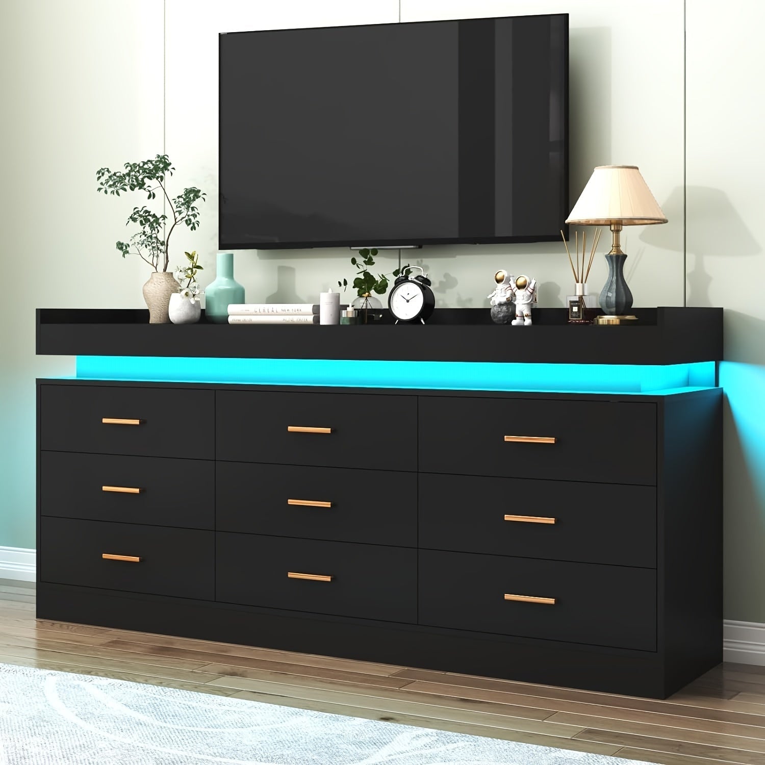 9 Drawer Dresser With LED Light Modern Chest Of Drawers For Closet Wide Drawer Organizer Cabinet For Bedroom Living