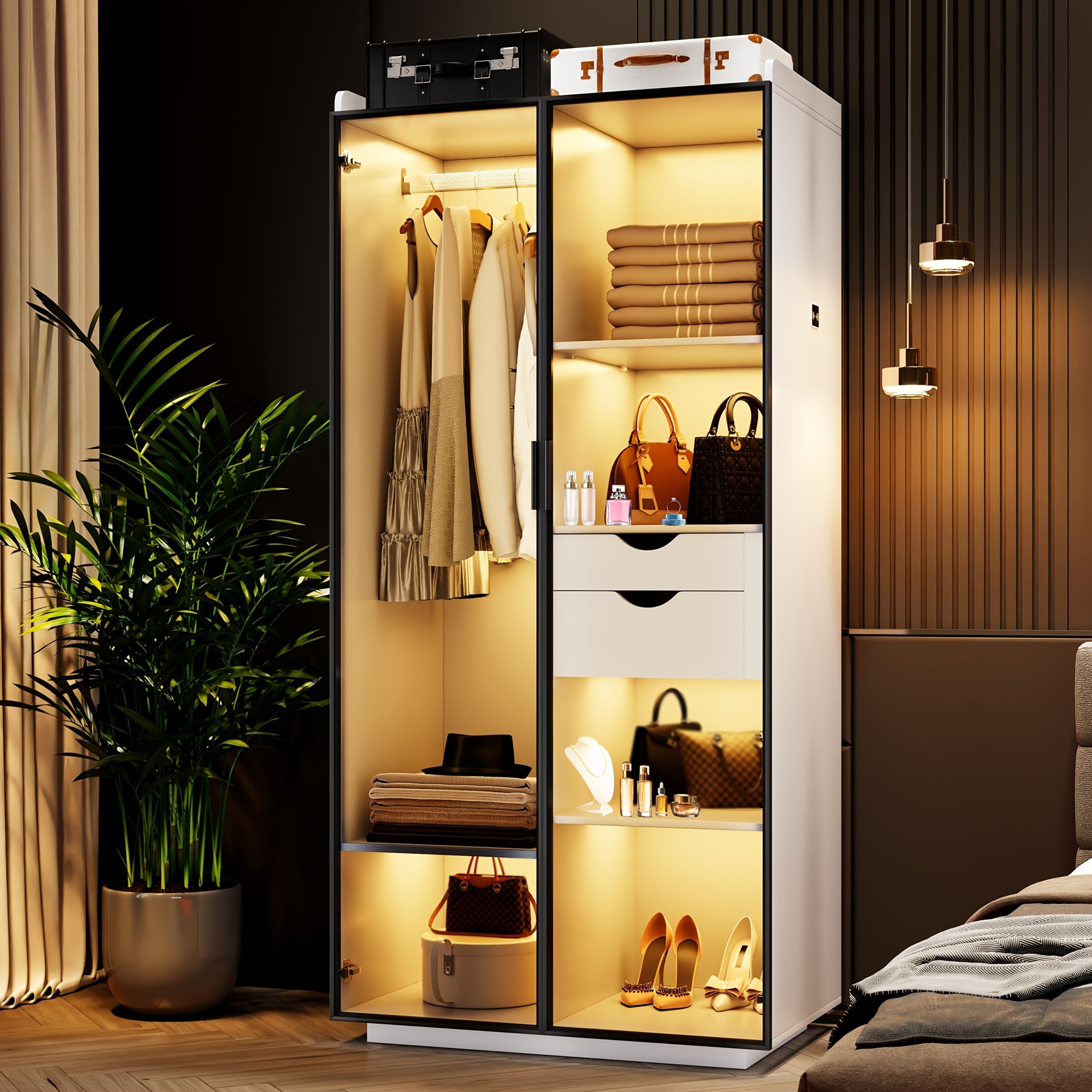 Storage Cabinet With 3 Color LED Lights - Organizer With Human Sensor Design - 2 Drawers&6 Shelves - Wardrobe Armoire