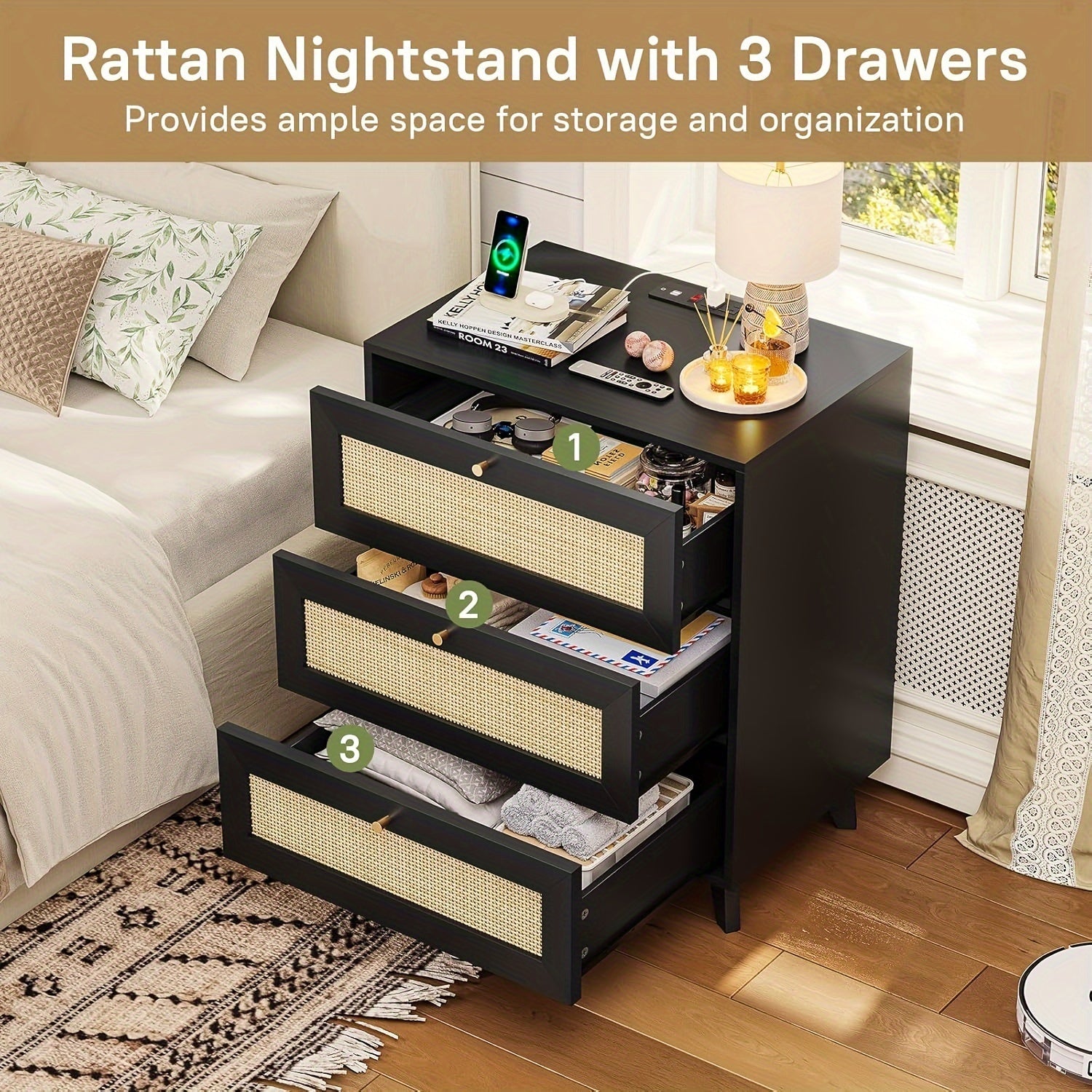 Rattan Nightstand With 3 Drawers Bedside Table With Metal Handle End Side Table For Bedroom