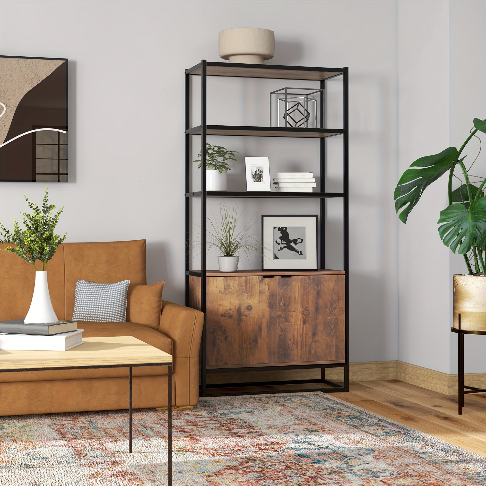 Bookcase With Cabinet 3-Tiers Bookshelf For Storage Tall Organizer Multifunctional Rack For Living Room Home Office
