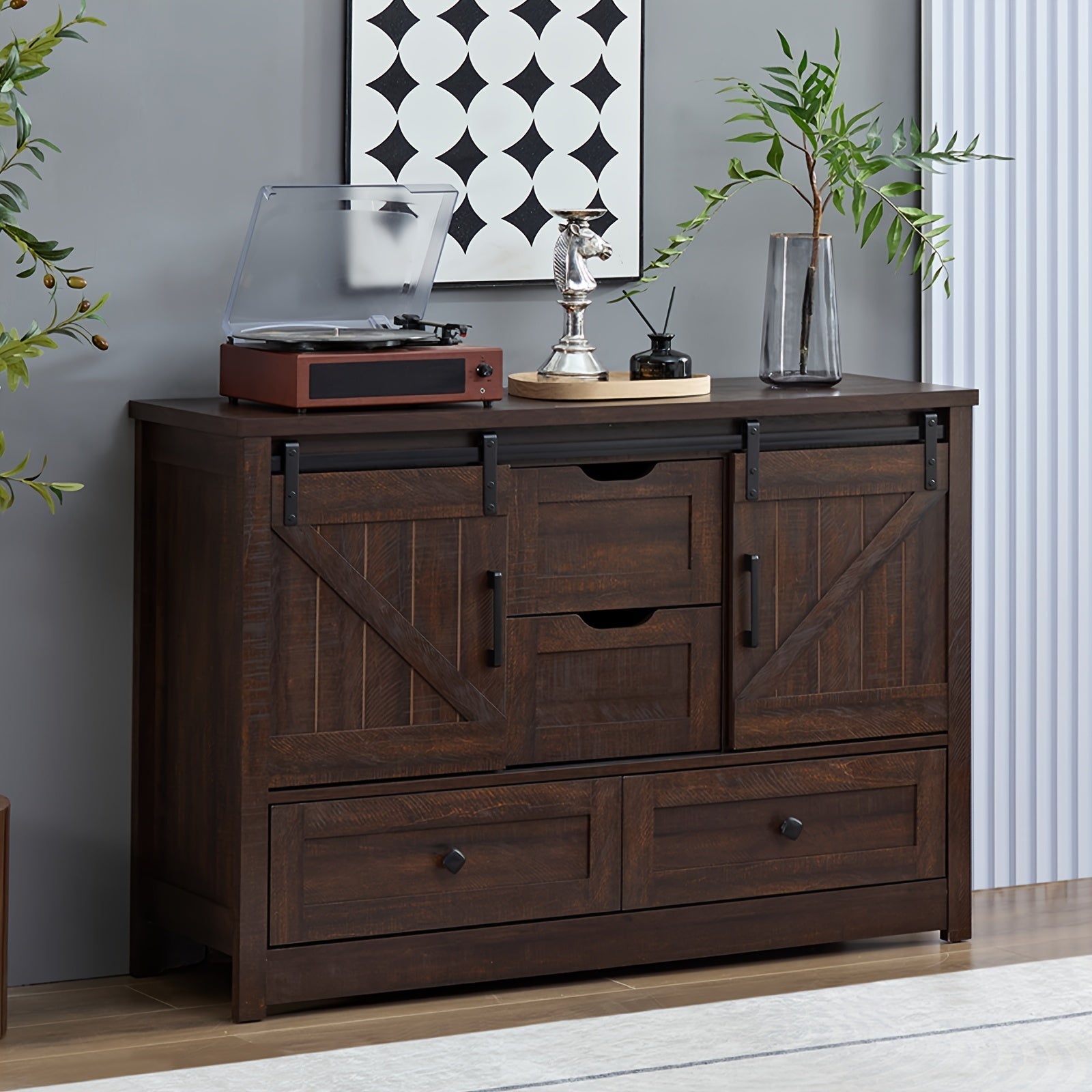 Dresser For Bedroom, Tall Dresser With Barn Doors, Vintage Farmhouse Style Dresser With Sliding Sliding Doors, Wardrobe Storage With Drawers, Dark Brown Sideboard For Dining Room, Wooden Chest Of Drawers For Living Room, Dres