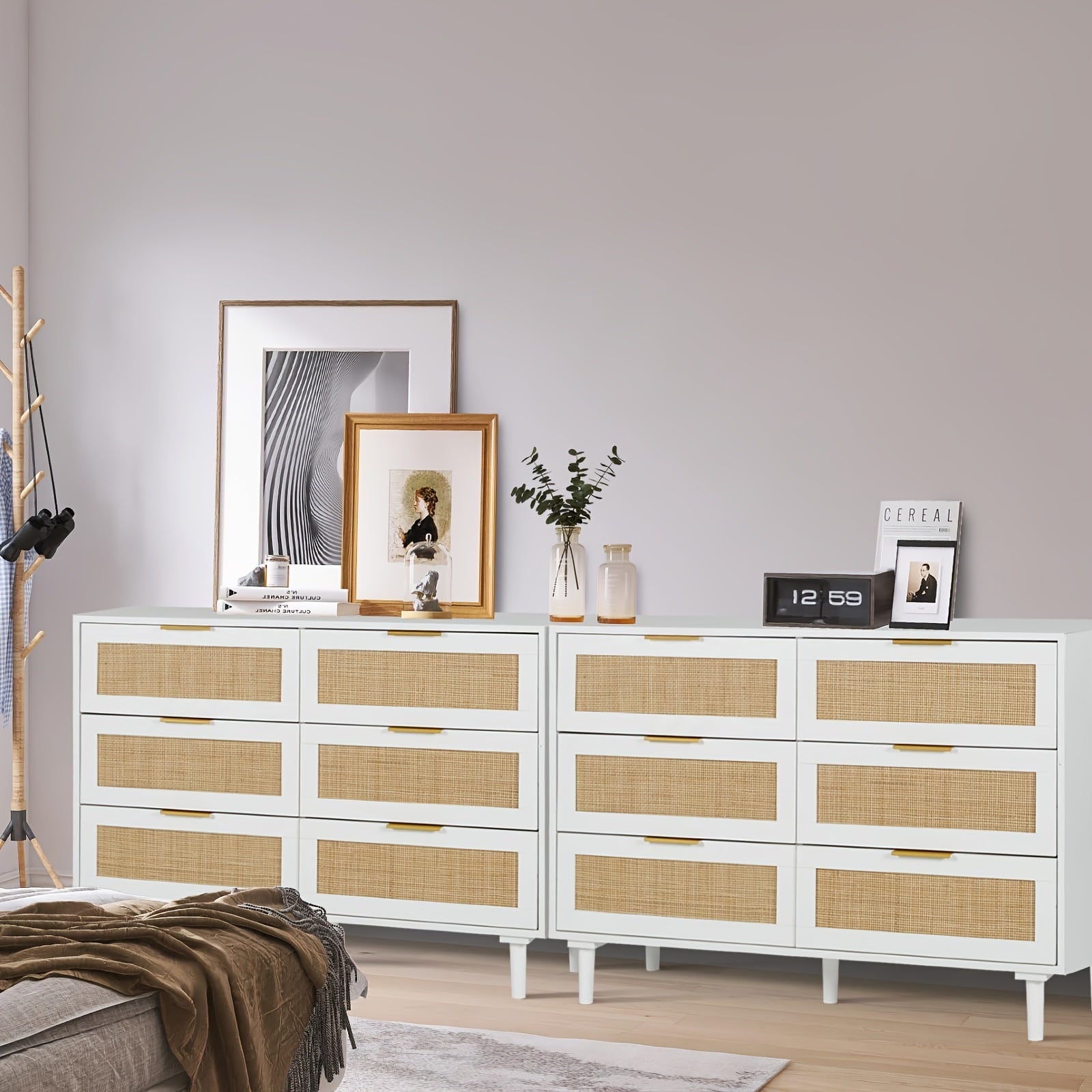 6 6 Drawer Dresser Rattan Dresser Modern Chest With Drawers Wood Storage Closet Dressers Chest Of Drawers - White