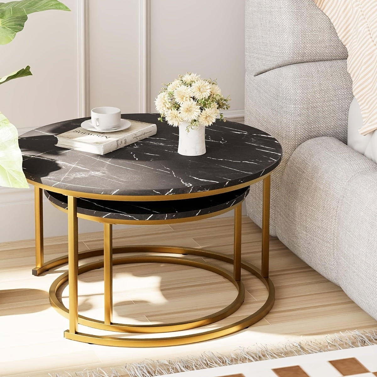 2pcs Nesting Coffee Table Set Modern Round Coffee Tables for Living Room Balcony Office Circle Table Accent End Side