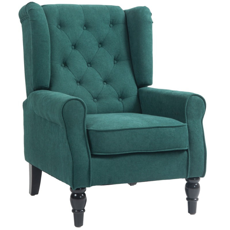 Button-Tufted Accent Chair with High Wingback, Rounded Cushioned Armrests and Thick Padded Seat, Dark Green