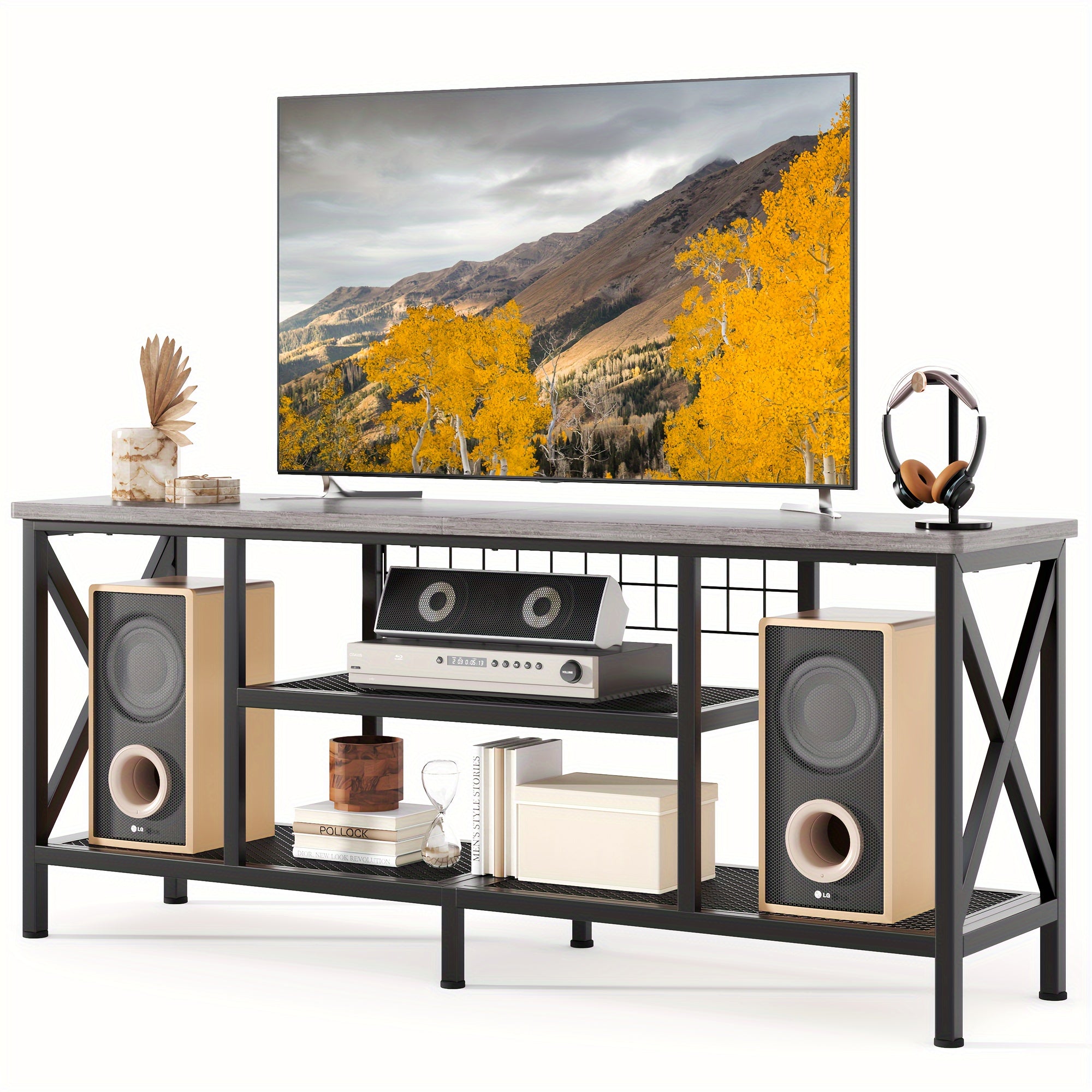 Industrial TV Stand, 59.8" Wide, Perfect For 55-65 Inch TVs, 3-Tier Media Entertainment Center With Stylish Open Shelves, Sturdy Metal Frame - Ideal For Living Room, Bedroom, Or Office Use, Gray