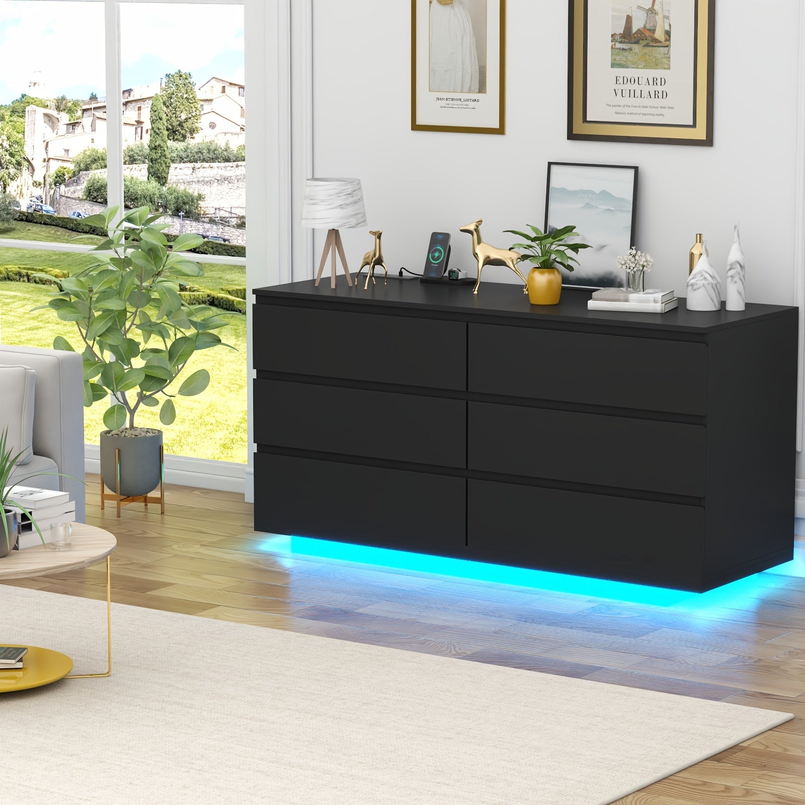 6 Drawer Dresser White Dresser with Power Outlet and LED Lights Floating Chest of Drawers for Living Room - Dresser
