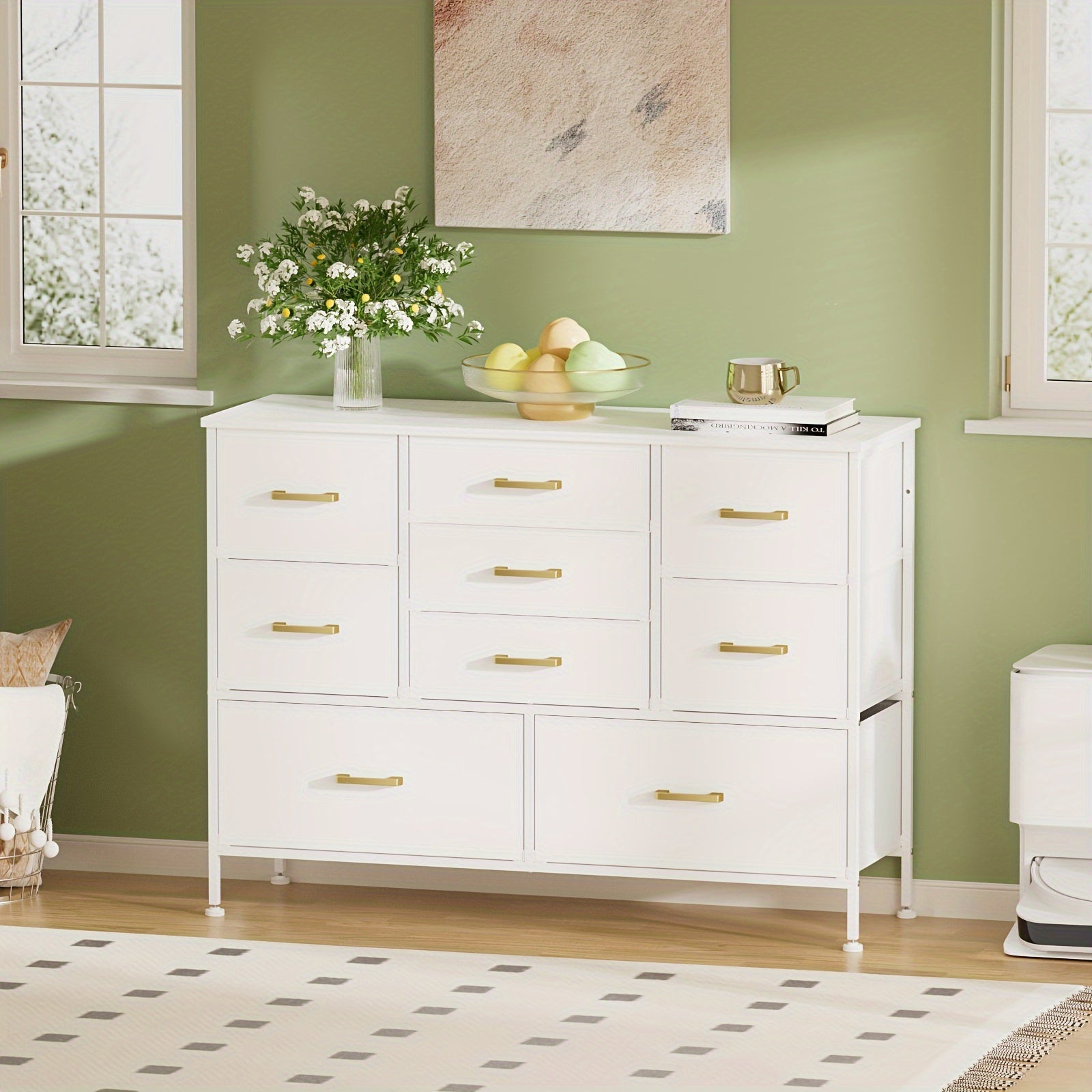 5/8/9 Drawers Dresser For Bedroom White Dresser With Fabric Drawers Chest Of Drawers With PU Finish Metal Handle