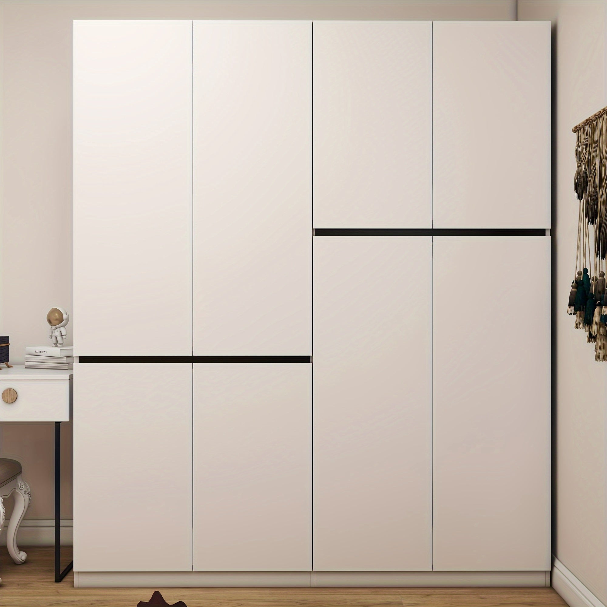 Modern White 4-Door Wardrobe with Shelves & Dual Hanging Rods - Spacious Armoire for Efficient Clothing Organization, Freestanding Design