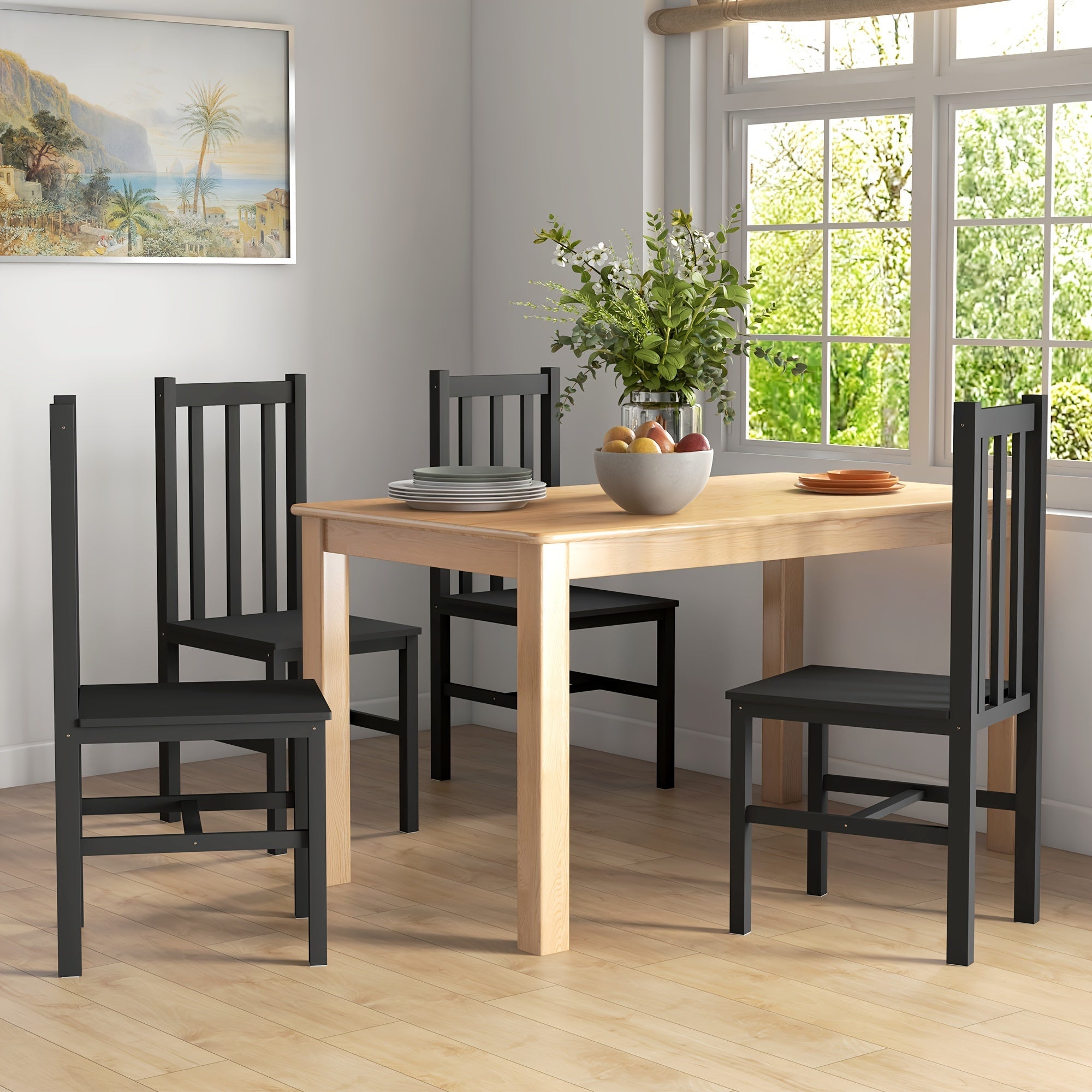 Dining Chairs, Set of 4 Farmhouse Kitchen & Dining Room Chairs with Slat Back, Pine Seating for Living Room and Dining Room, Black