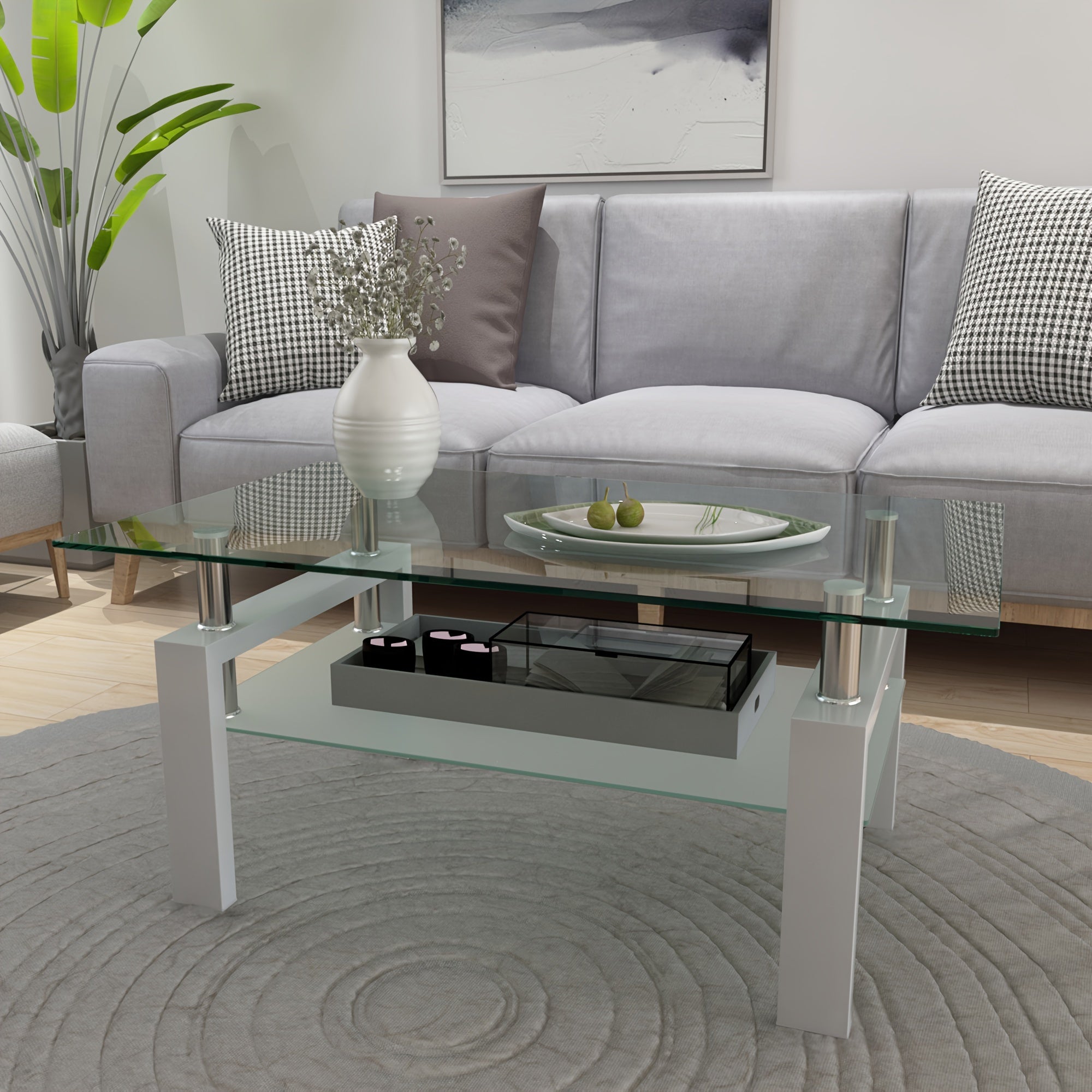 Glass Coffee Table For Living Room, Rectangle Center Table With Metal Legs, End Table For Home, Office