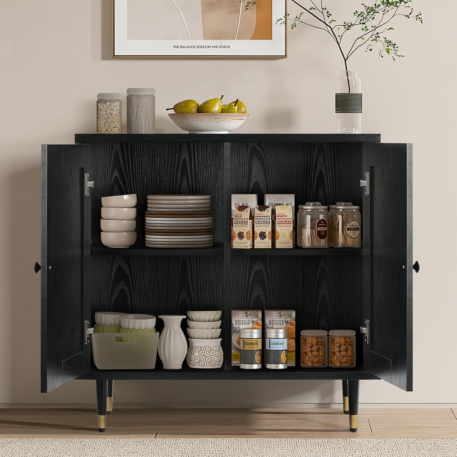 BlackSideboard Cabinet, Rattan Sideboard with Natural Rattan Doors, Black Rattan Console Table with Storage, Modern Accent Buffet Cabinet with Adjustable Shelves for Living Dining Room