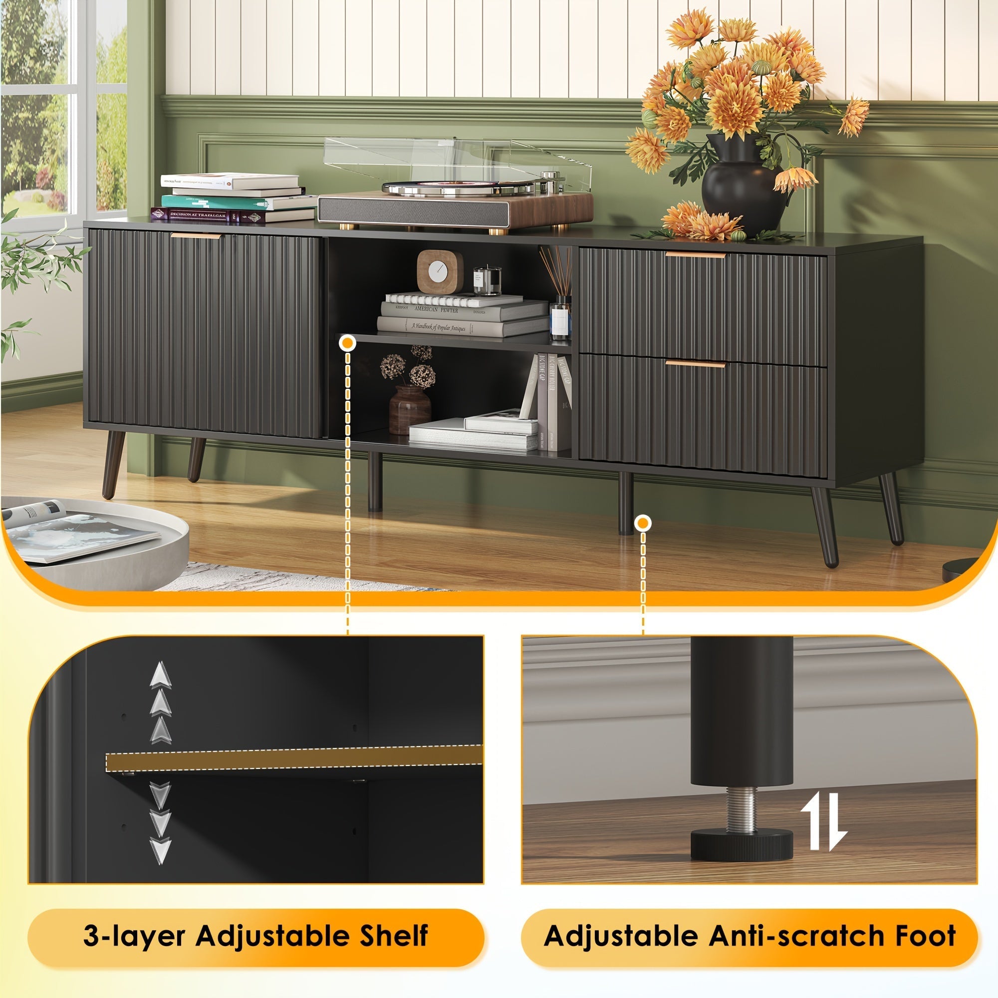 65 Inches Black TV Stands with Adjustable Shelf, Wooden Television Stands for TV up to 75 Inches, Modern Entertainment Center TV Console for Living Room, Bedroom