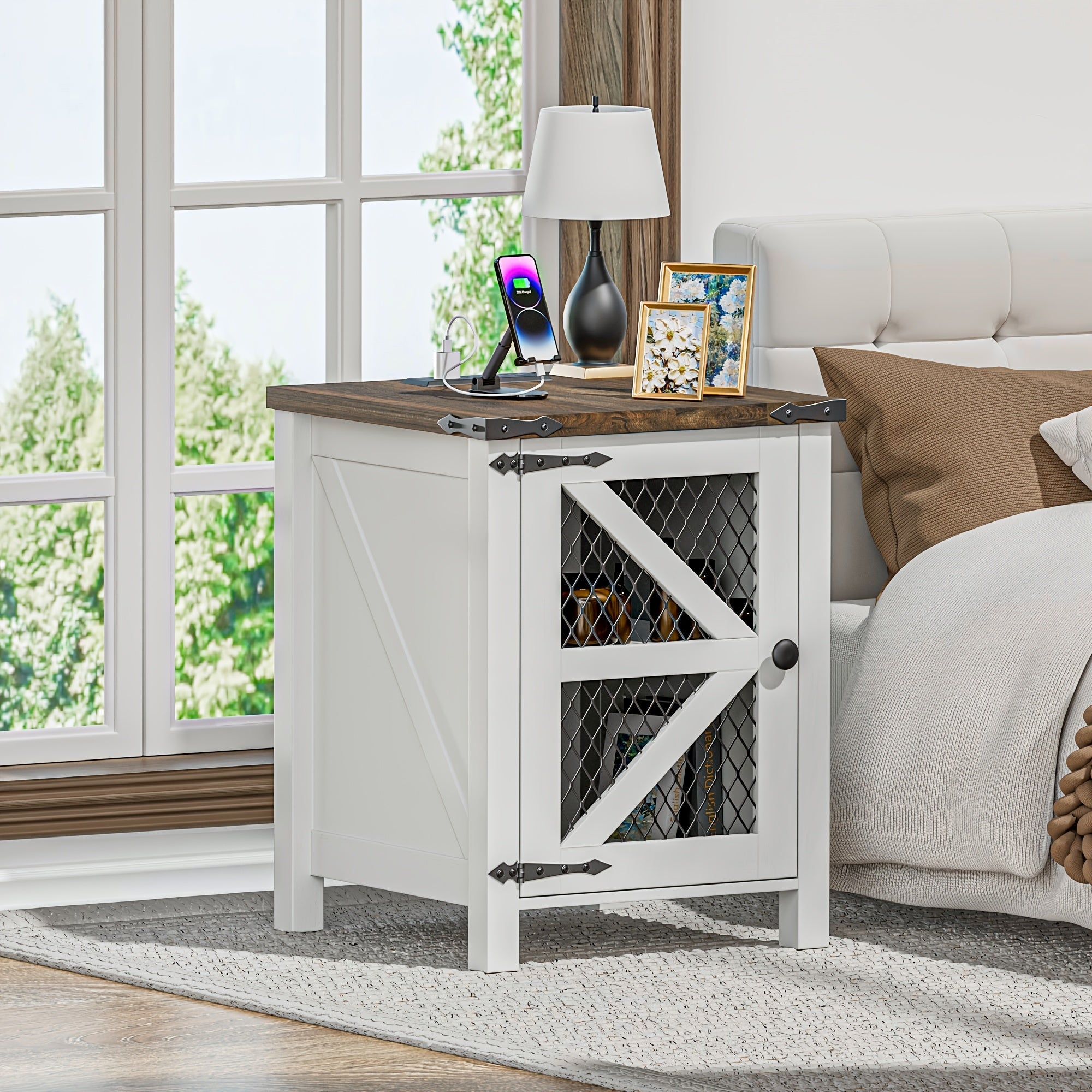 Chic 18" Farmhouse Side Table with Charging Port - Rustic Wire Mesh Barn Door Design, White Nightstand with Adjustable Shelf for Bedroom & Living Room