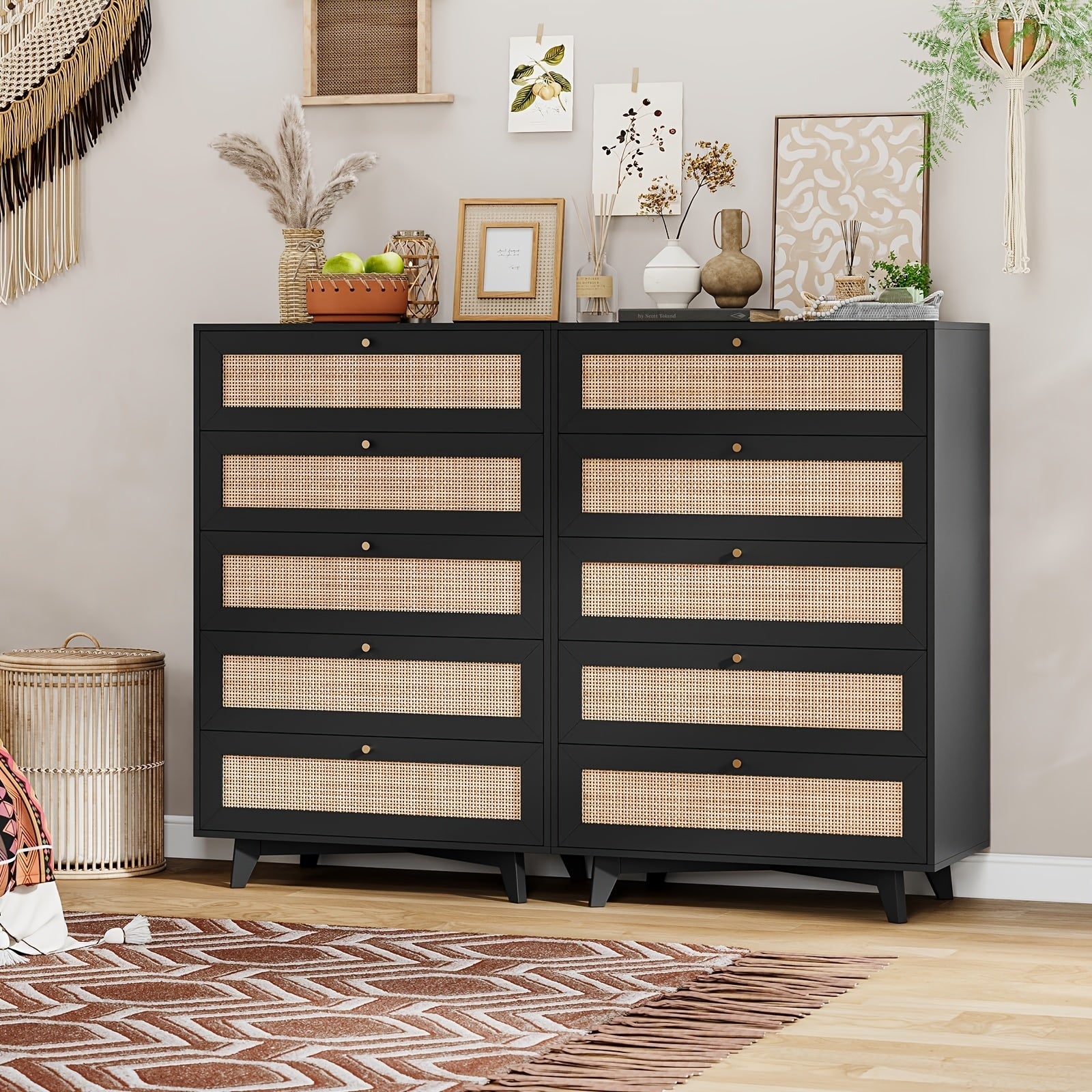 Rattan Vanity Dresser For Bedroom, 5 Drawer Dresser With Natural Rattan Drawers, Wooden Tall Dresser With Golden Handles, Modern Closet Dressers Chest Of Drawers For Nursery Entryway Living Room