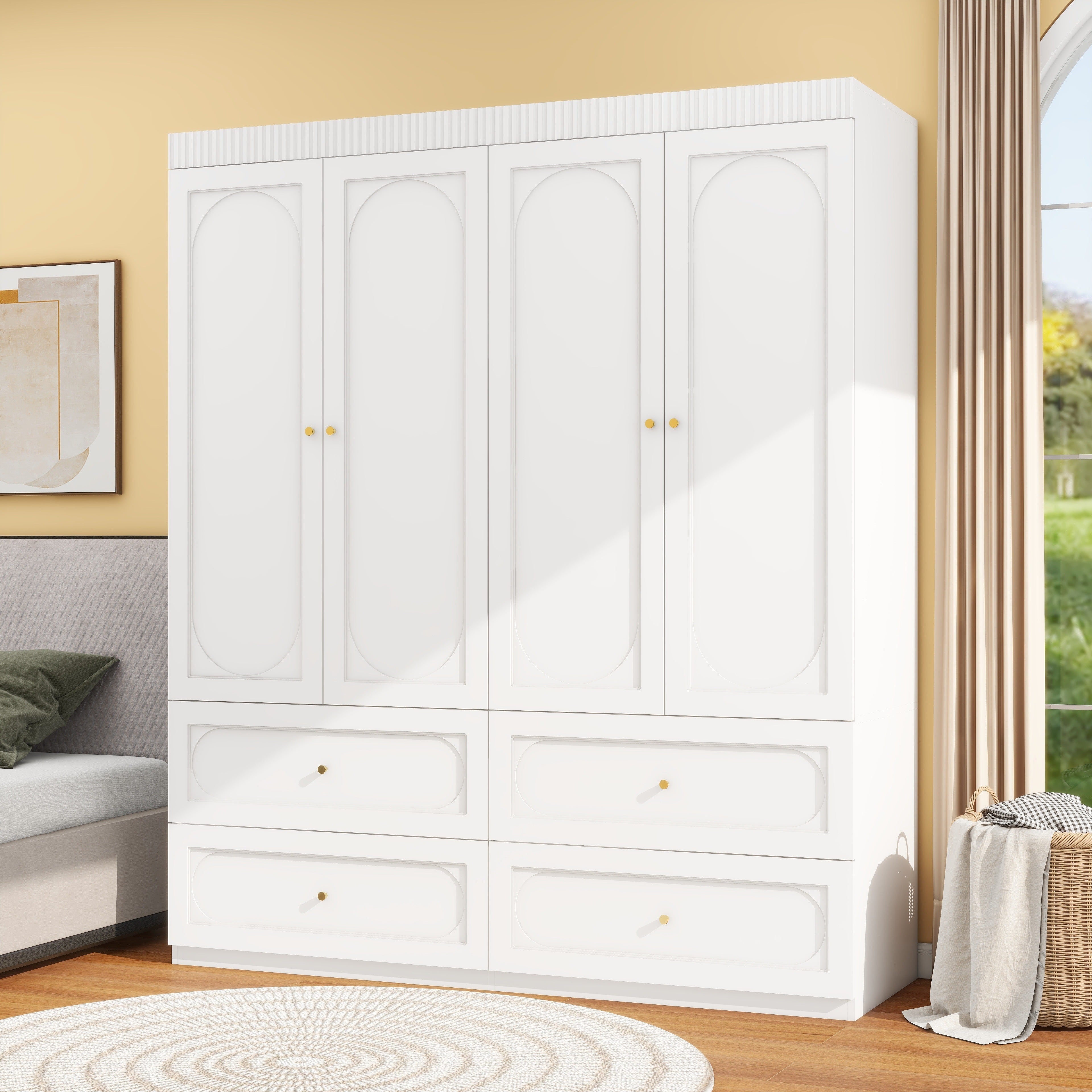 Bedroom Armoire Wardrobe Closet With 4 Drawers, 74" White Wood Closet For Hanging Clothes, Cabinet For Clothes With 4 Doors, Large Wardrobe Closet With Shelves