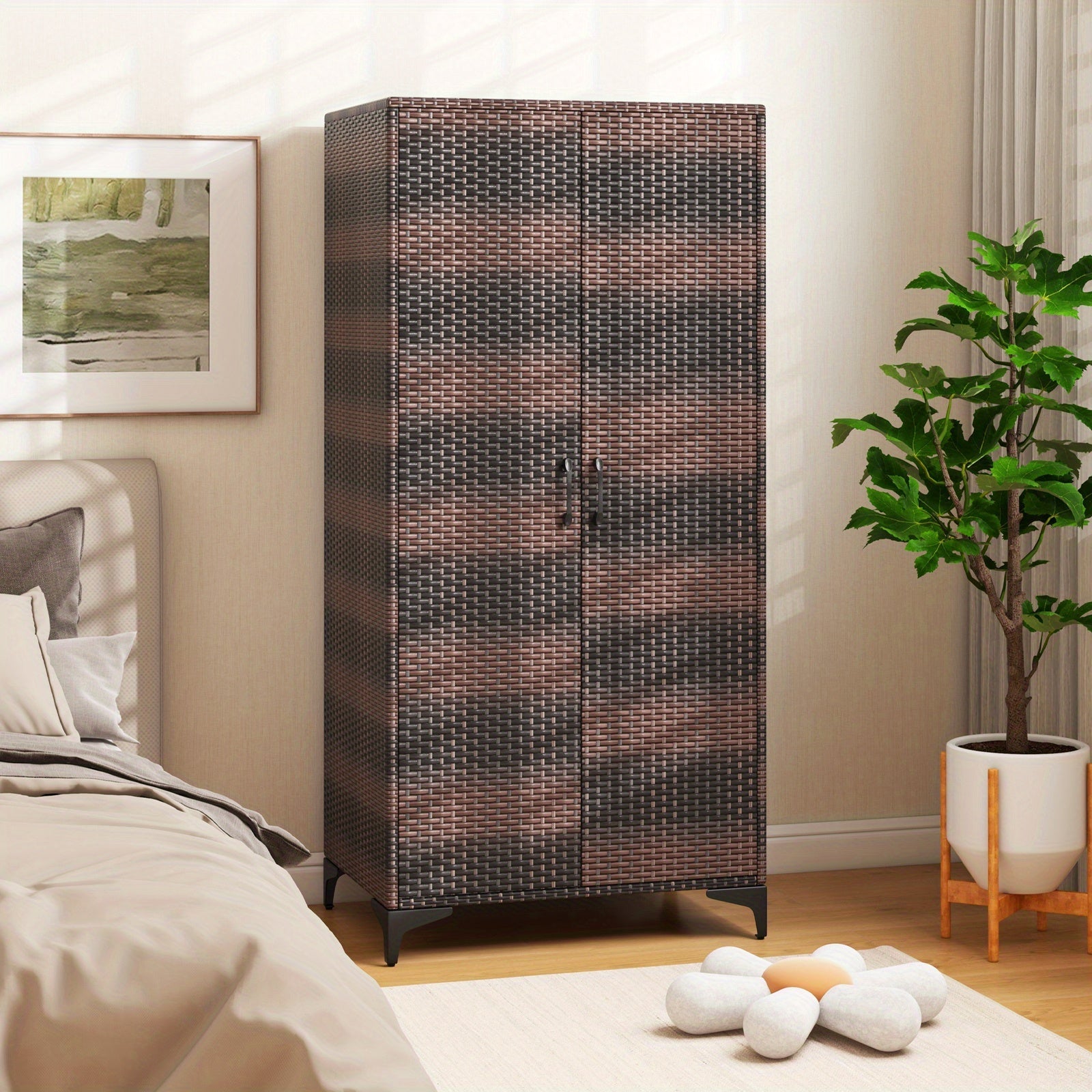 62" Black Wicker Wardrobe with 2 Doors, PE Rattan Armoire Closet on Sturdy Metal Frame - Includes Hanging Rod & 4 Storage Cubes, Ideal for Bedroom, Patio, Garage - Elegant, Durable & Versatile Organizer, Portable Closet