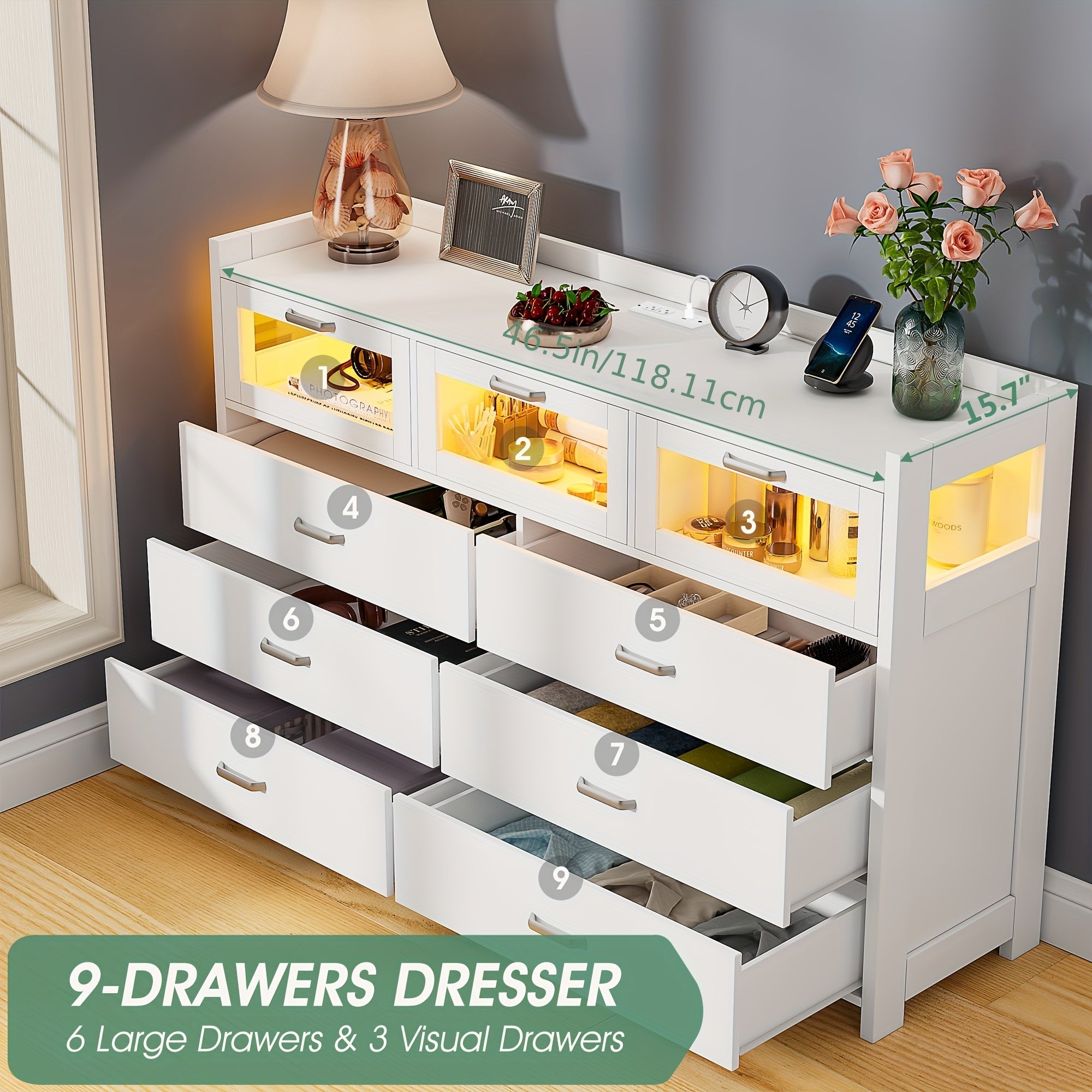 9 Drawer Dresser with Charging Station and LED Lights TV Stand Dresser for Bedroom Dresser Chest of Drawers with 3