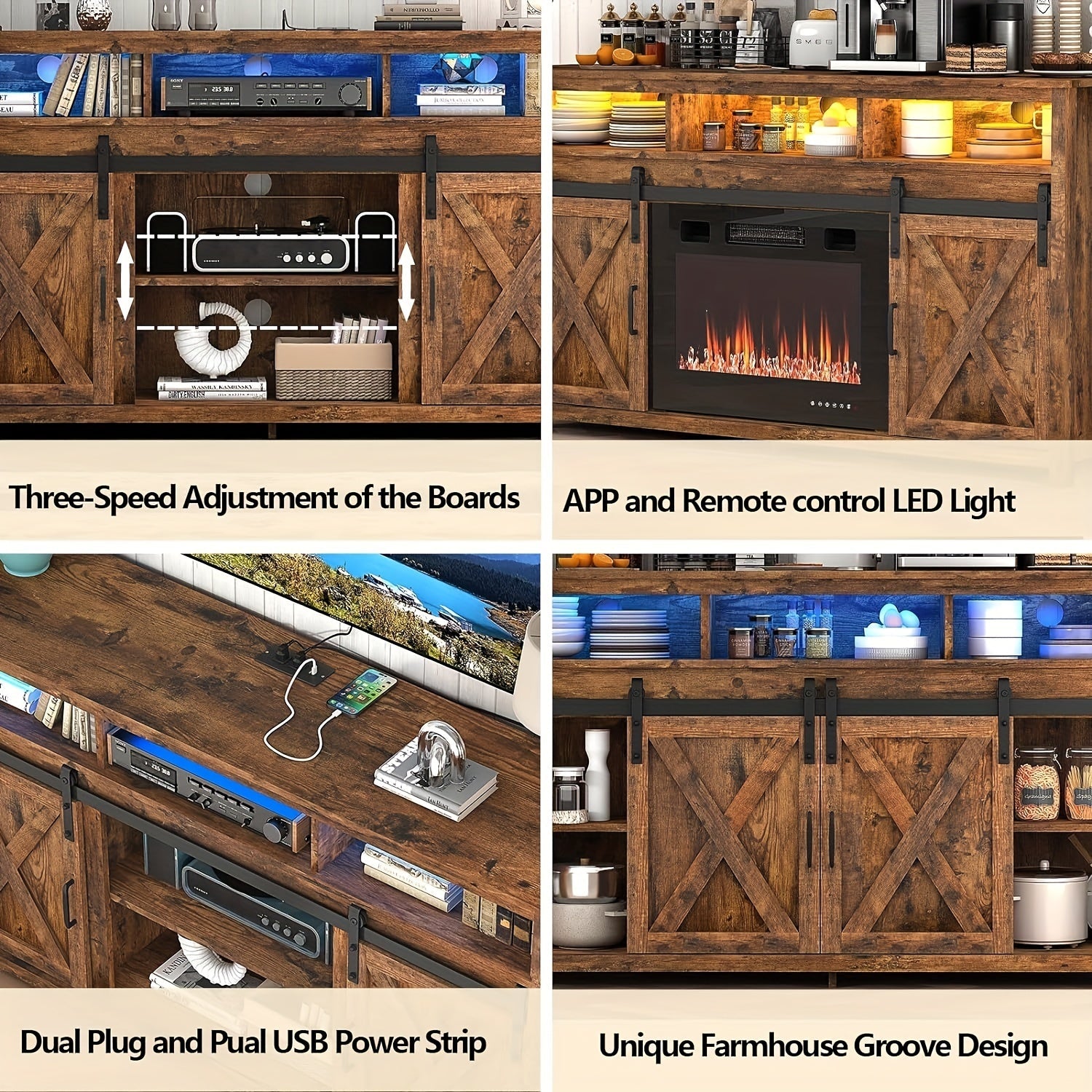 57" Wooden Farmhouse TV Stand For 60 65 Inch TV, Double Layer Storage Entertainment Center TV Console Table With Double-Row Sockets And 2 Sliding Barn Door, Media Cable Box