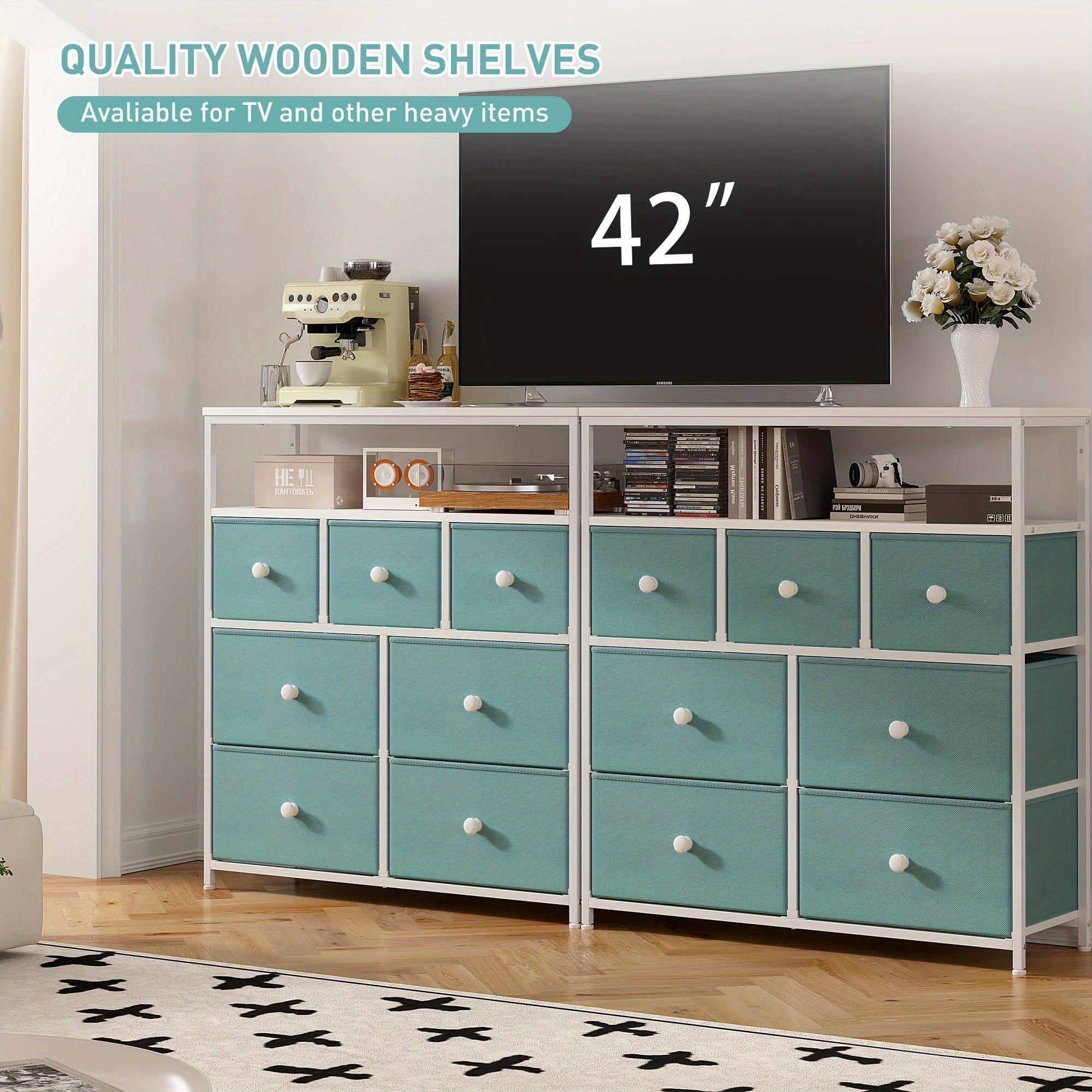 Dresser For Bedroom With 7 Drawers And 2 Shelves TV Stand Dresser With Wooden Top And Metal Frame Tall Dressers & Chest