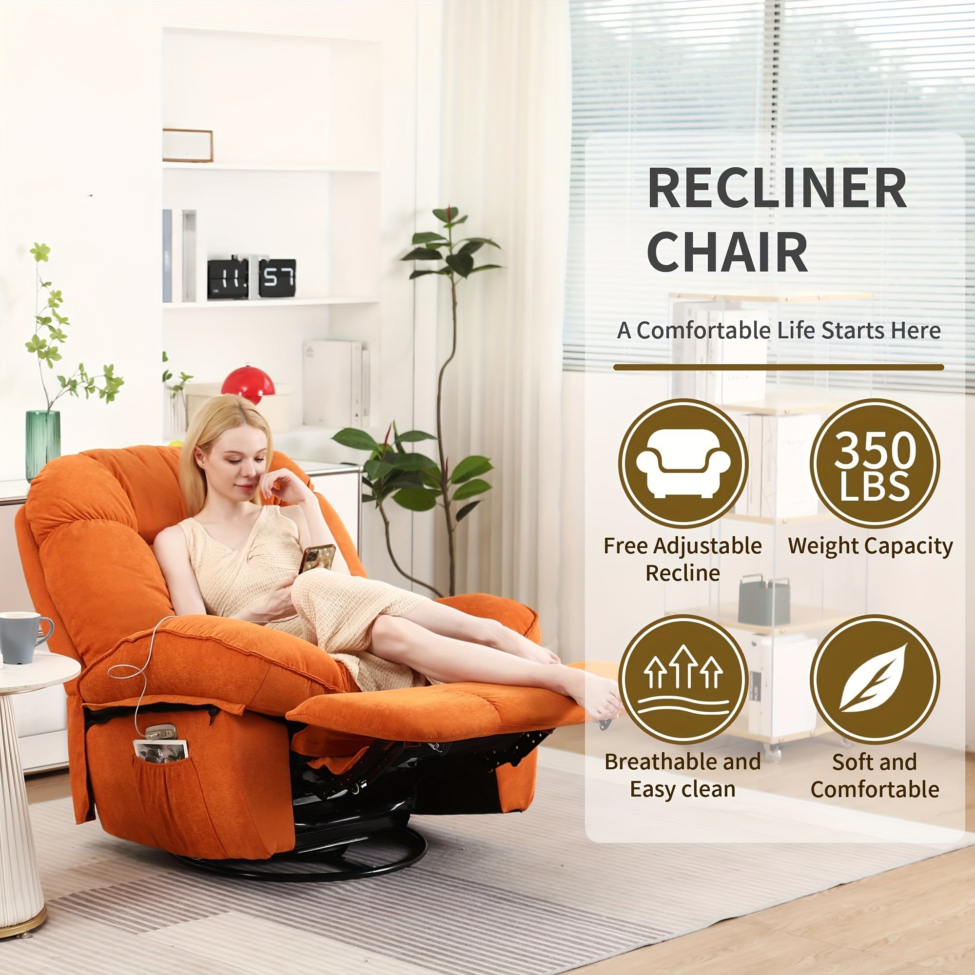 Luxury Overstuffed Swivel Recliner Chair with Vibration Massage & Heating - Modern Single Sofa Glider, Soft Fabric, Metal Frame for Living Room - Available in Orange-Red, White, Green, DYHOME