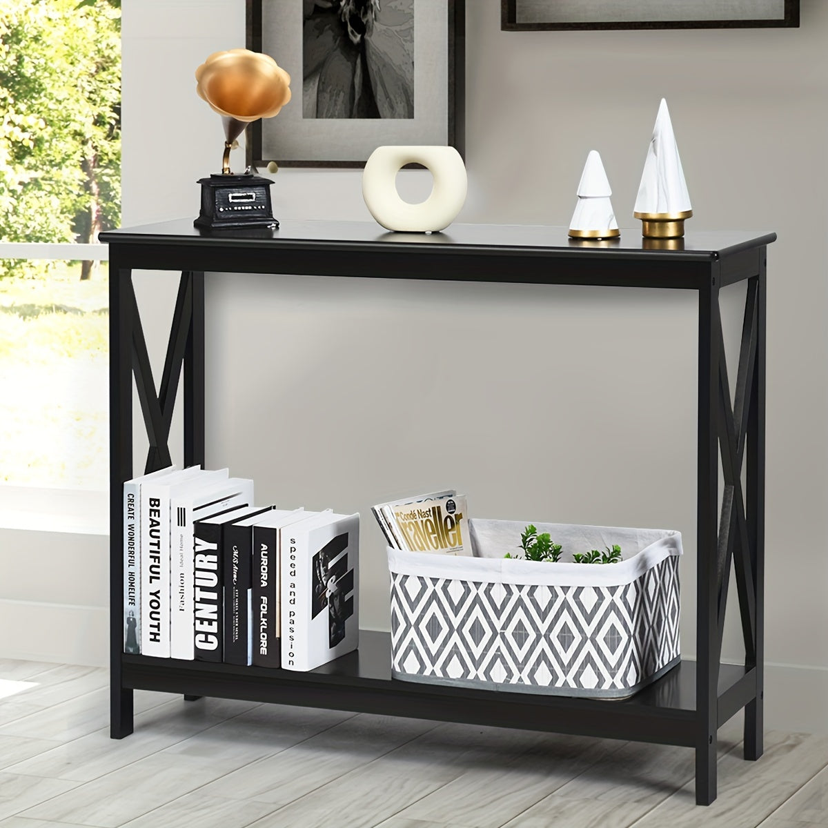 1pc 2-Tier Console Table, X-Design Bookshelf Sofa Side Accent Table