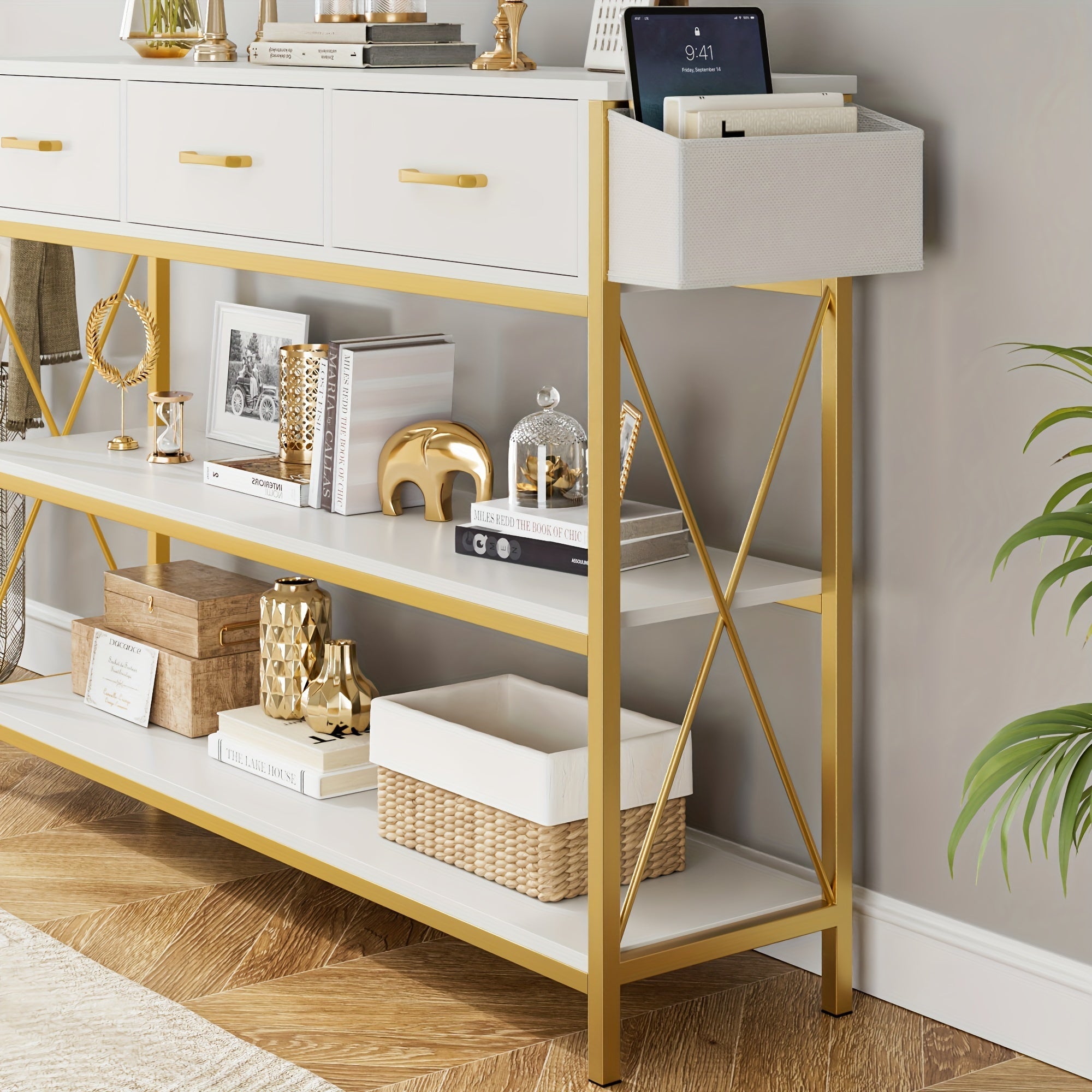 Industrial Console Table With 3 Drawers, Vintage Hallway Foyer Table With Storage Shelves, Narrow Long Sofa Entryway Table For Living Room