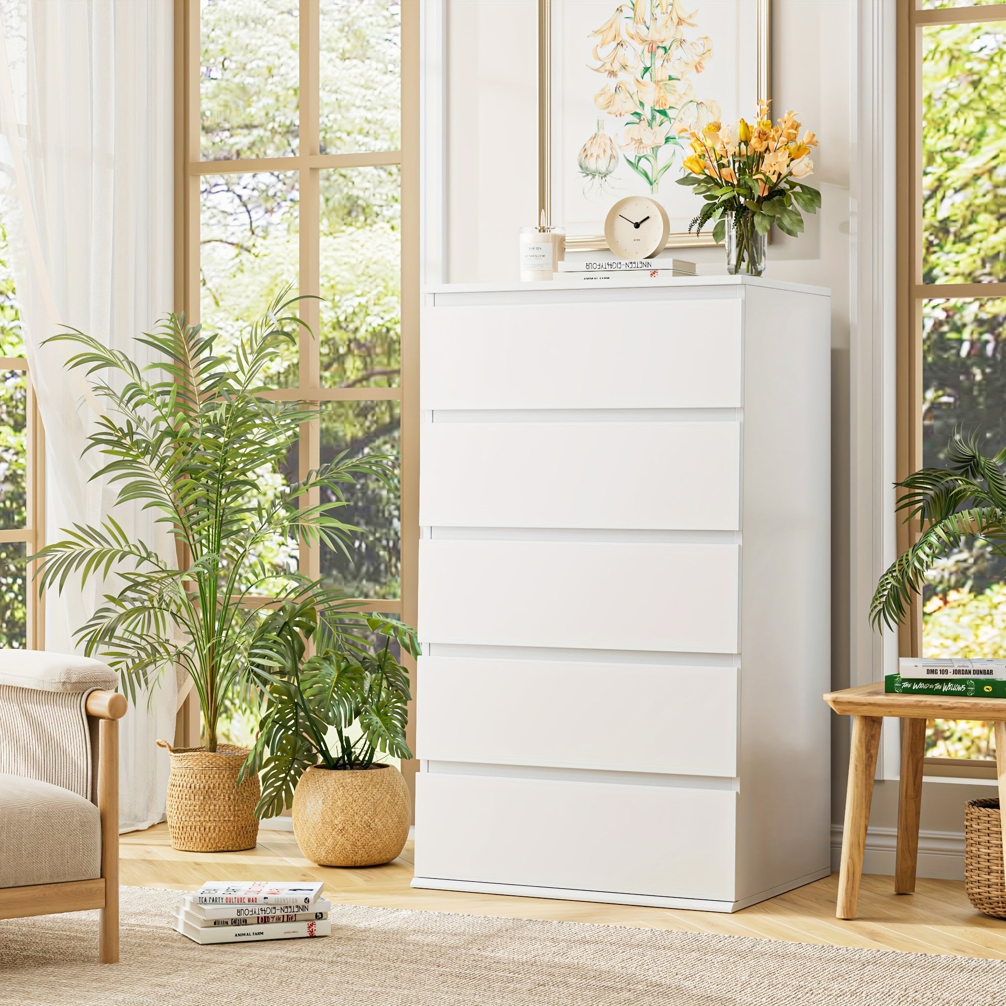 White Dresser For Bedroom, 5 Drawer Dresser With Fluted Handles, Modern Tall White Dresser For Bedroom, Living Room, Entryway