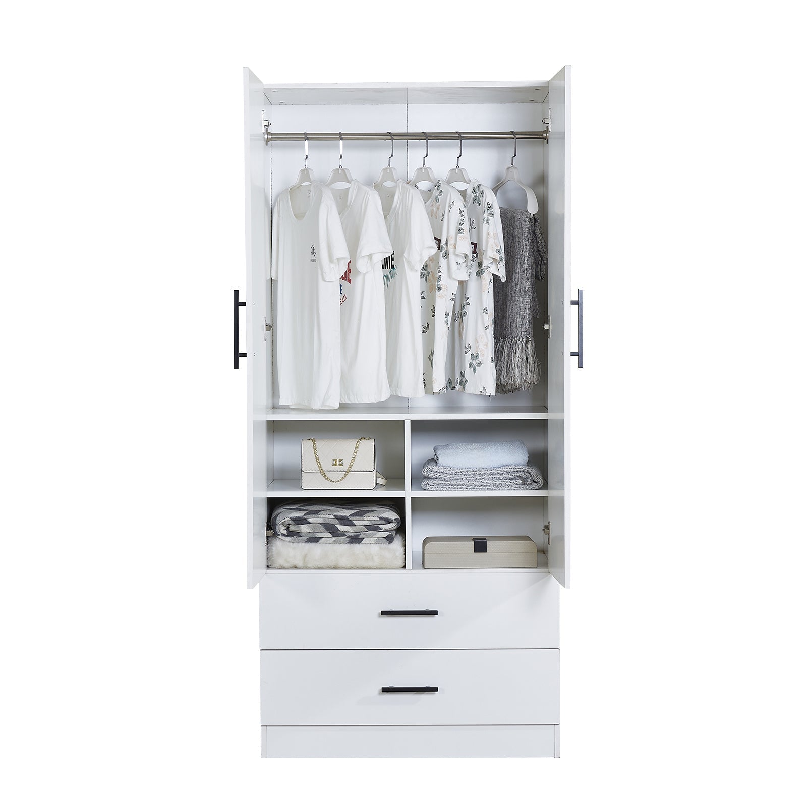 Modern White Wooden Armoire with Mirror Doors & Drawers - Spacious 2-Door Wardrobe for Bedroom Storage, Perfect for Christmas, Thanksgiving, Halloween